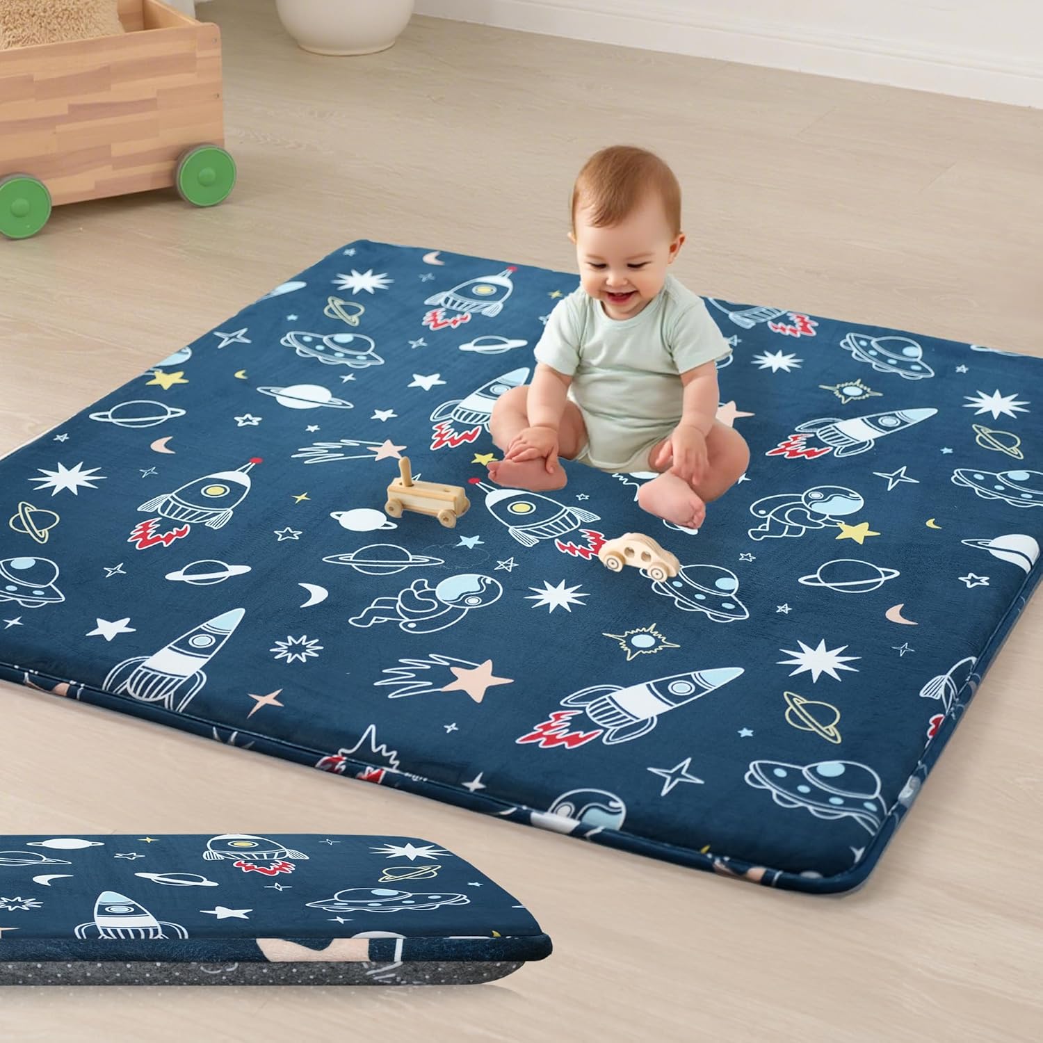1.5" Thick Premium Baby Floor Play Mat, 50x50 Padded Memory Foam Mat, Tummy Time Crawling Playmat for Nursery Playroom Classroom, Space Adventure