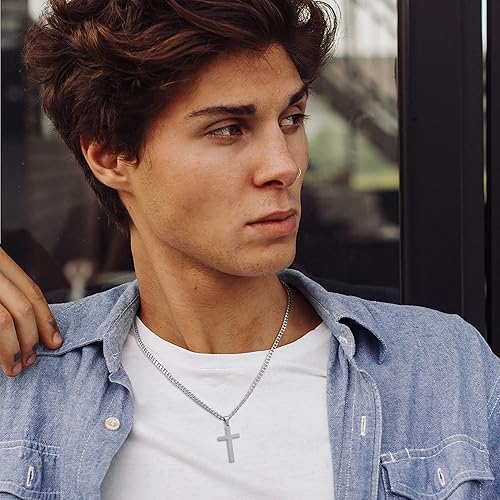 Miniatura 2 de LUXEJEW Cross Necklace for Men, Silver Black Gold Stainless Steel Cuban Chain Cross Pendant Necklace for Men