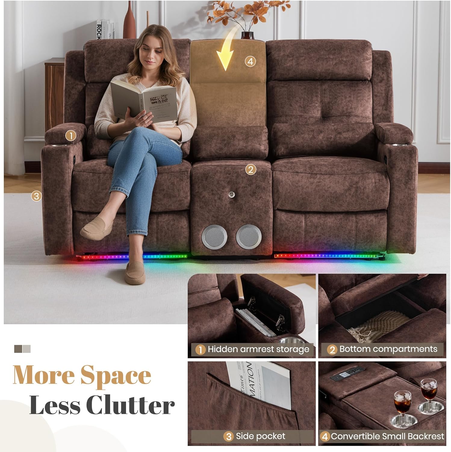 Power Reclining Loveseat Sofa, Velvet Recliner Couch for Living Room, Home Theater Seating with LED Lights, Bluetooth Speaker,RV Recliner Sofa (Loveseat with Console, Brown)