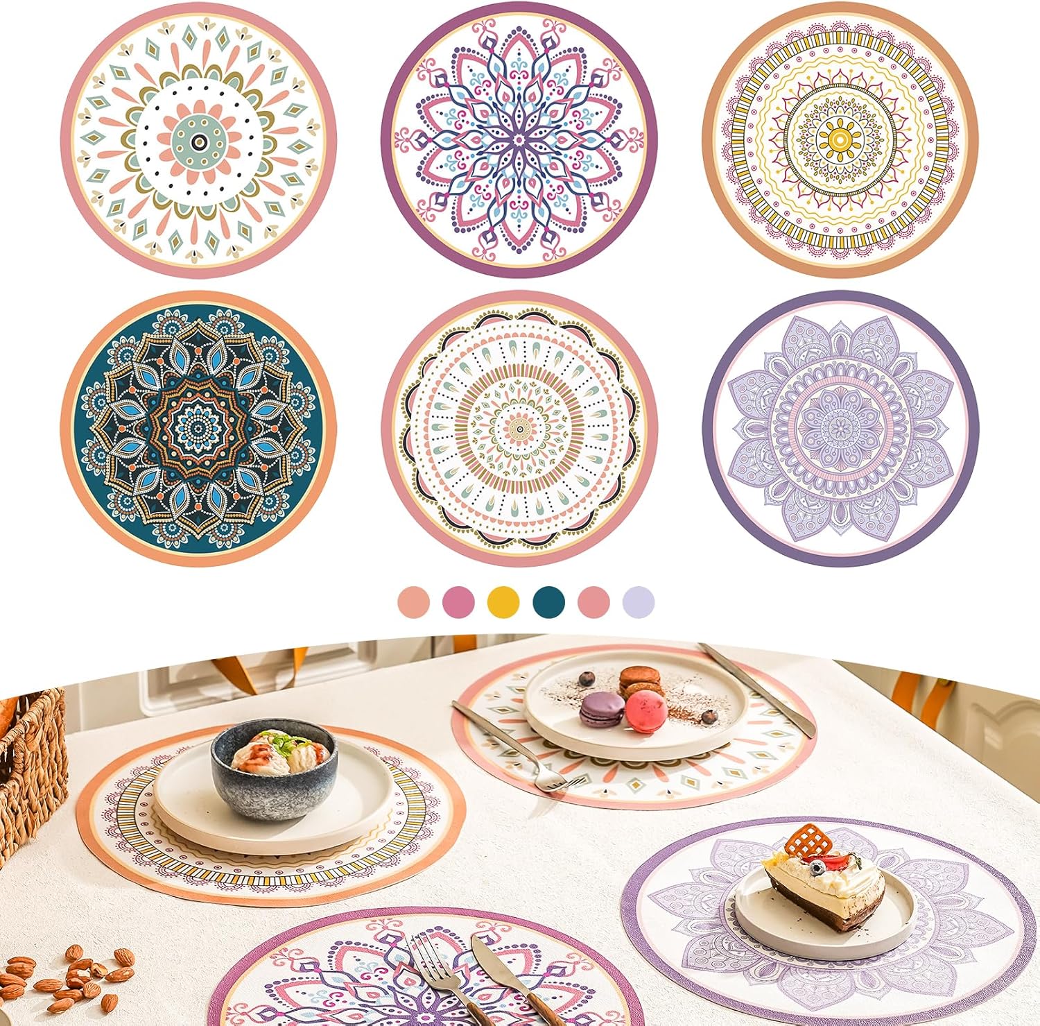Set of 6 Boho Round Placemats Waterproof Textured Vinyl Placemats for Dining Table Heat Resistant Dining Mats Washable Place Mats Mandala Round End Table Mat Bohemian Table Settings (Mix)