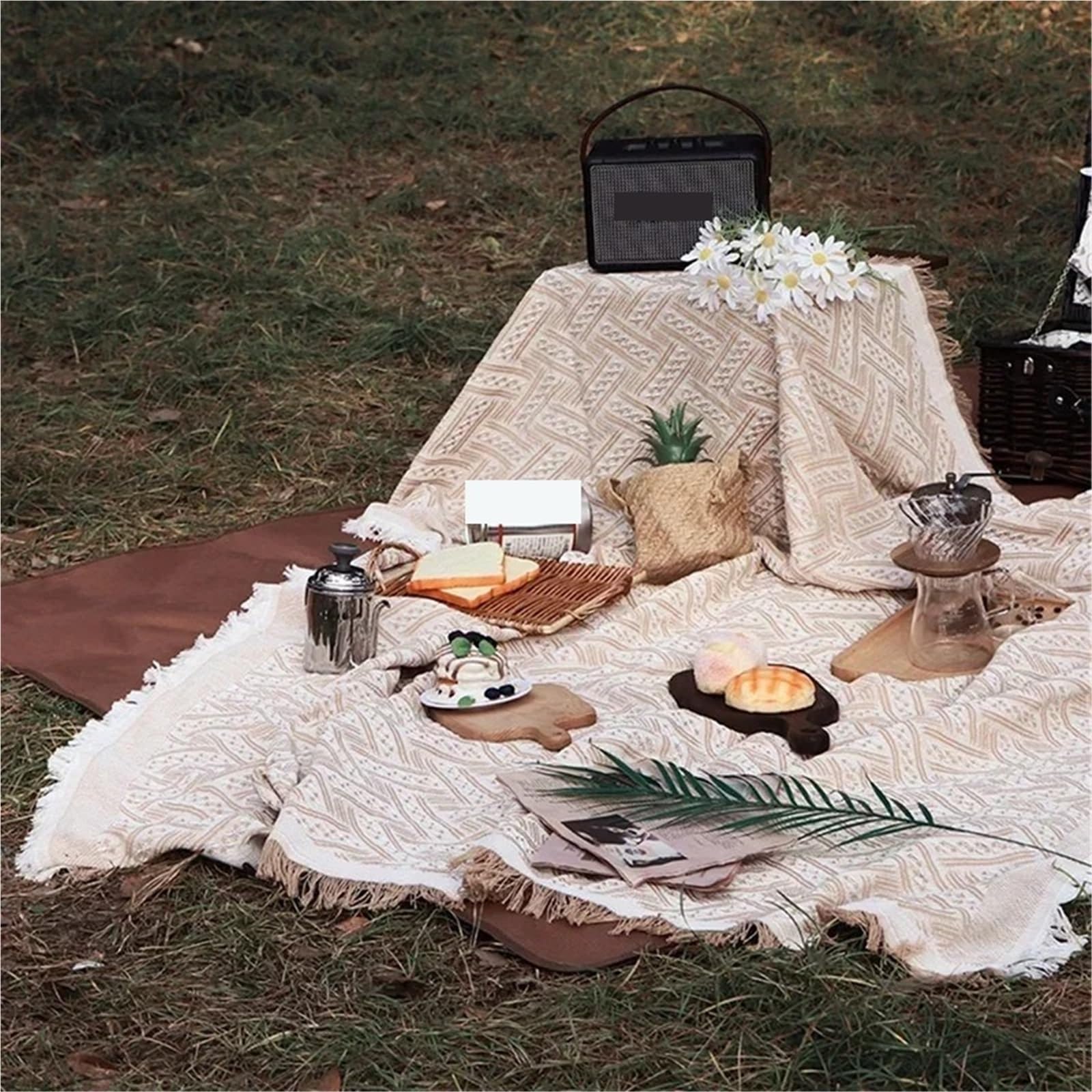 Couverture de pique-nique tricotée, tapis de pique-nique portable, voyage, randonnée, nappe, tapis doux, couverture de canapé, couverture d'extérieur pour jardin (180 x 300 cm) (blanc 180 x 180 cm (ca