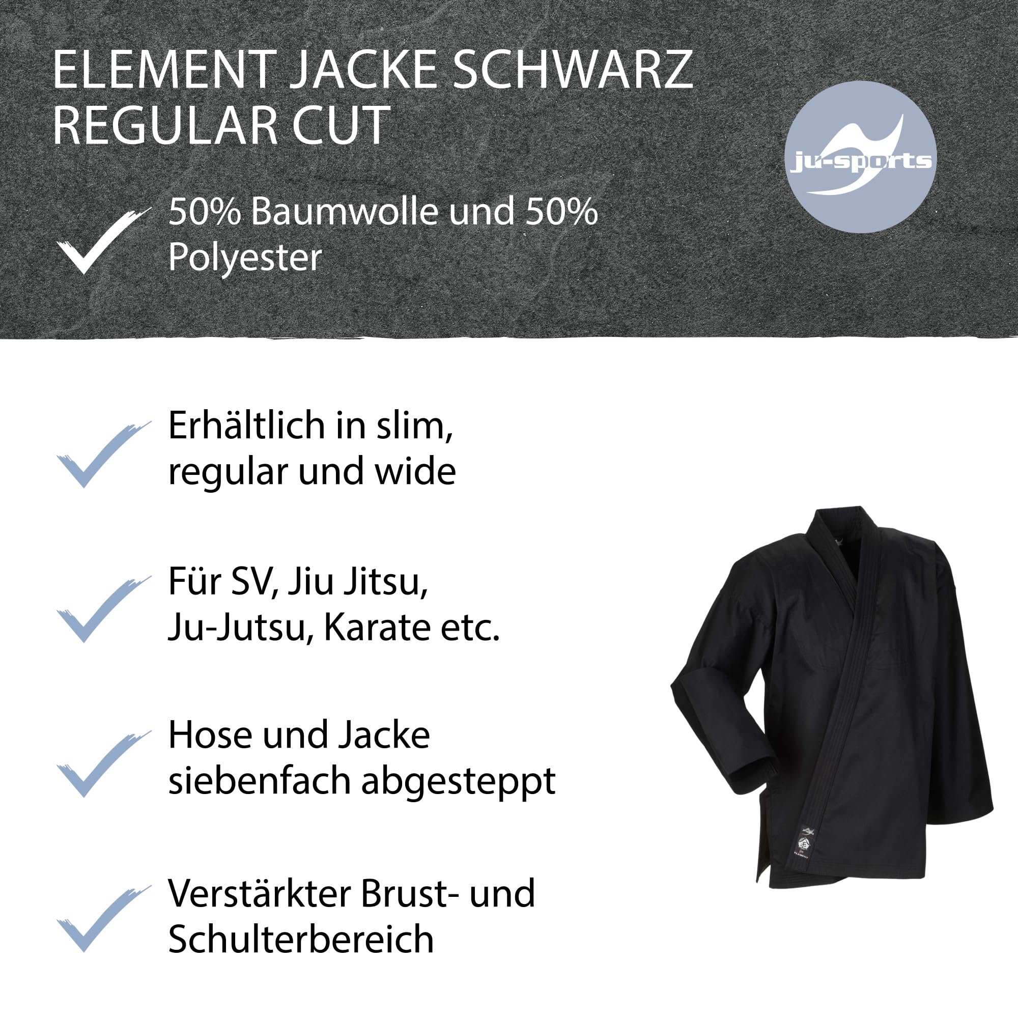 Ju-Sports Element Jacke Schwarz regular cut I Judoanzug Jacke Kinder & für Erwachsene I Judogi Jacke aus langlebigem Mischgewebe I Doppelt verstärkter Schulter- & Brustbereich