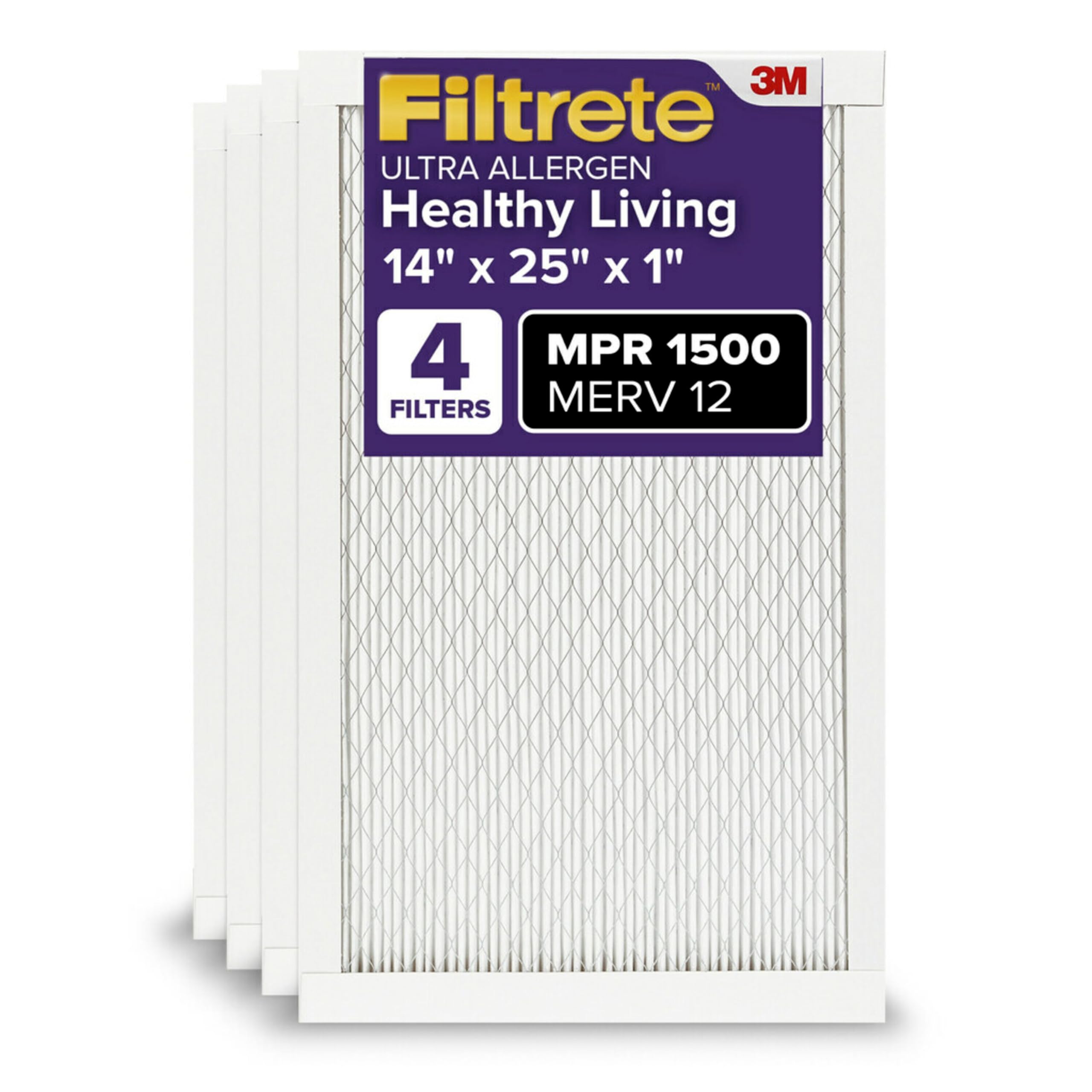 14x25x1 AC Furnace Air Filter, MERV 12, MPR 1500, CERTIFIED asthma & allergy friendly, 3 Month Pleated 1-Inch Electrostatic Air Cleaning Filter, 4-Pack (Actual Size 13.81x24.81x0.78 in)