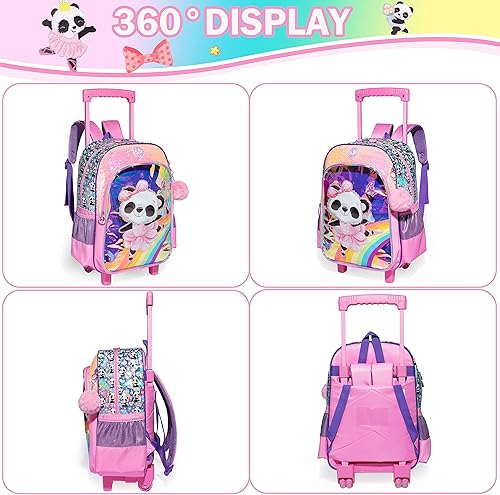 Miniatura 3 de Mochila con ruedas para niños con ruedas para estudiantes de primaria preescolar equipaje de viaje con lonchera para niñas Un panda