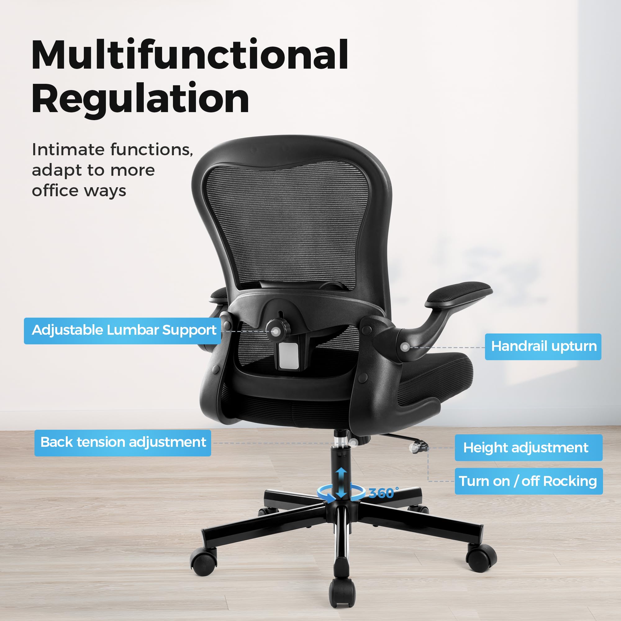 ALPHA HOME Bürostuhl Ergonomischer Schreibtischstuhl mit Lendenwirbelstütze, Höhenverstellbar, Bürostühle aus Netzgewebe mit Hochklappbaren Armlehnen, Schwingende Rückenlehne für das Home Office