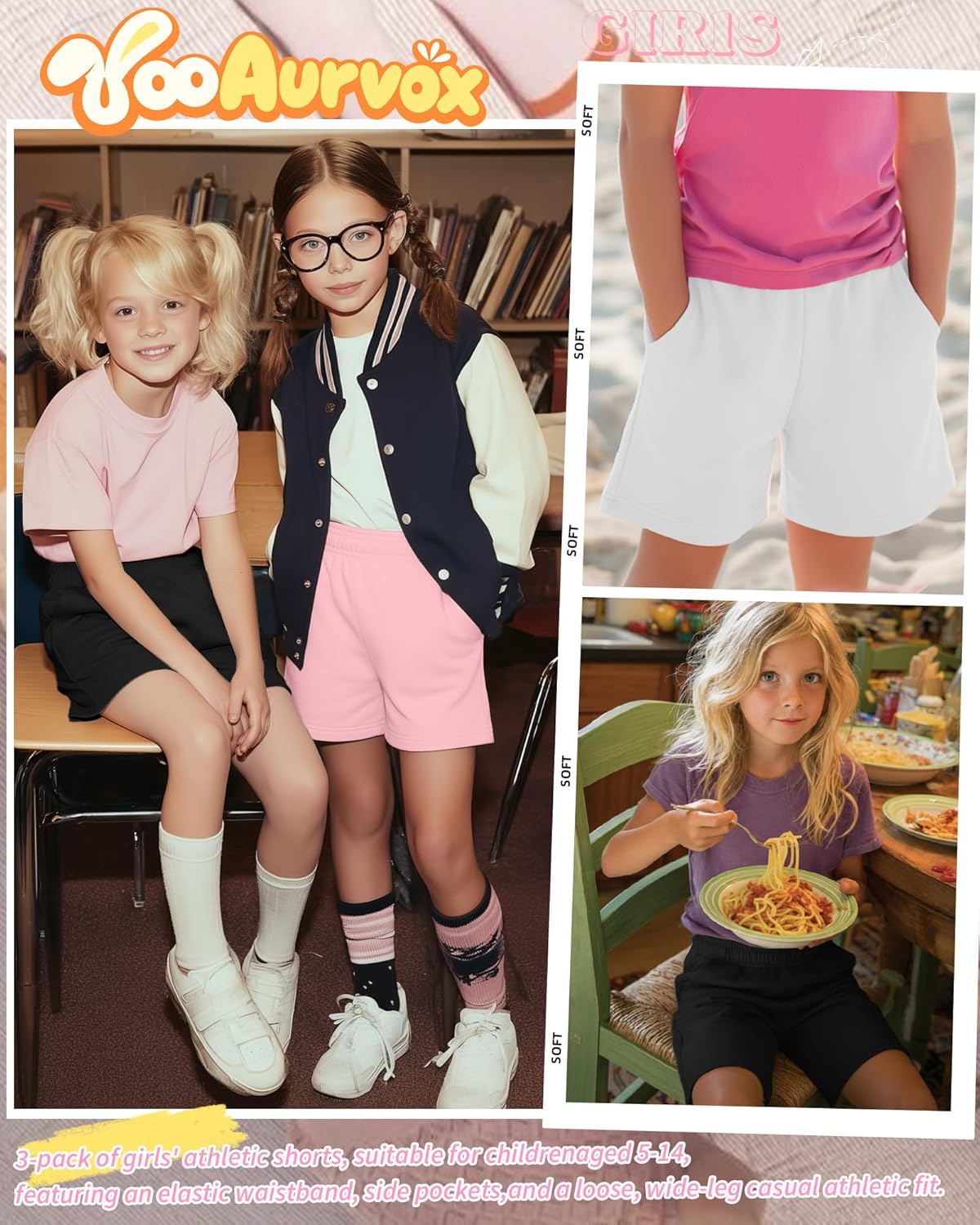 3 Pack Girls Athletic Shorts 5-14 Years Kids Elastic Waist 2 Side Pockets Loose Fit Casual Wide Leg Sweat Pants