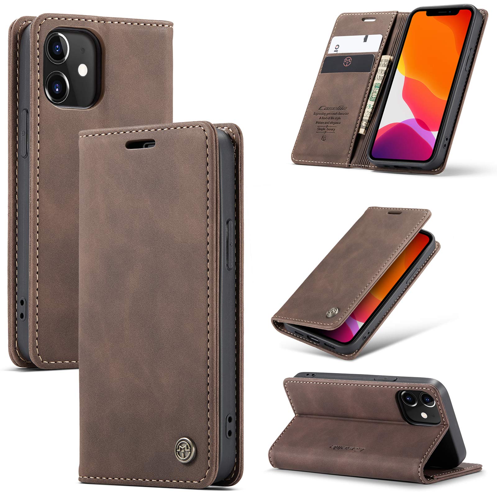 owlhold Handyhülle iPhone 12 Mini klapphülle Premium Lederhülle Weiches Vintage-Nubukleder Faltbare Ständer Schutzhülle Kartenfach Standfunktion hülle iPhone 12 Mini - Kaffee