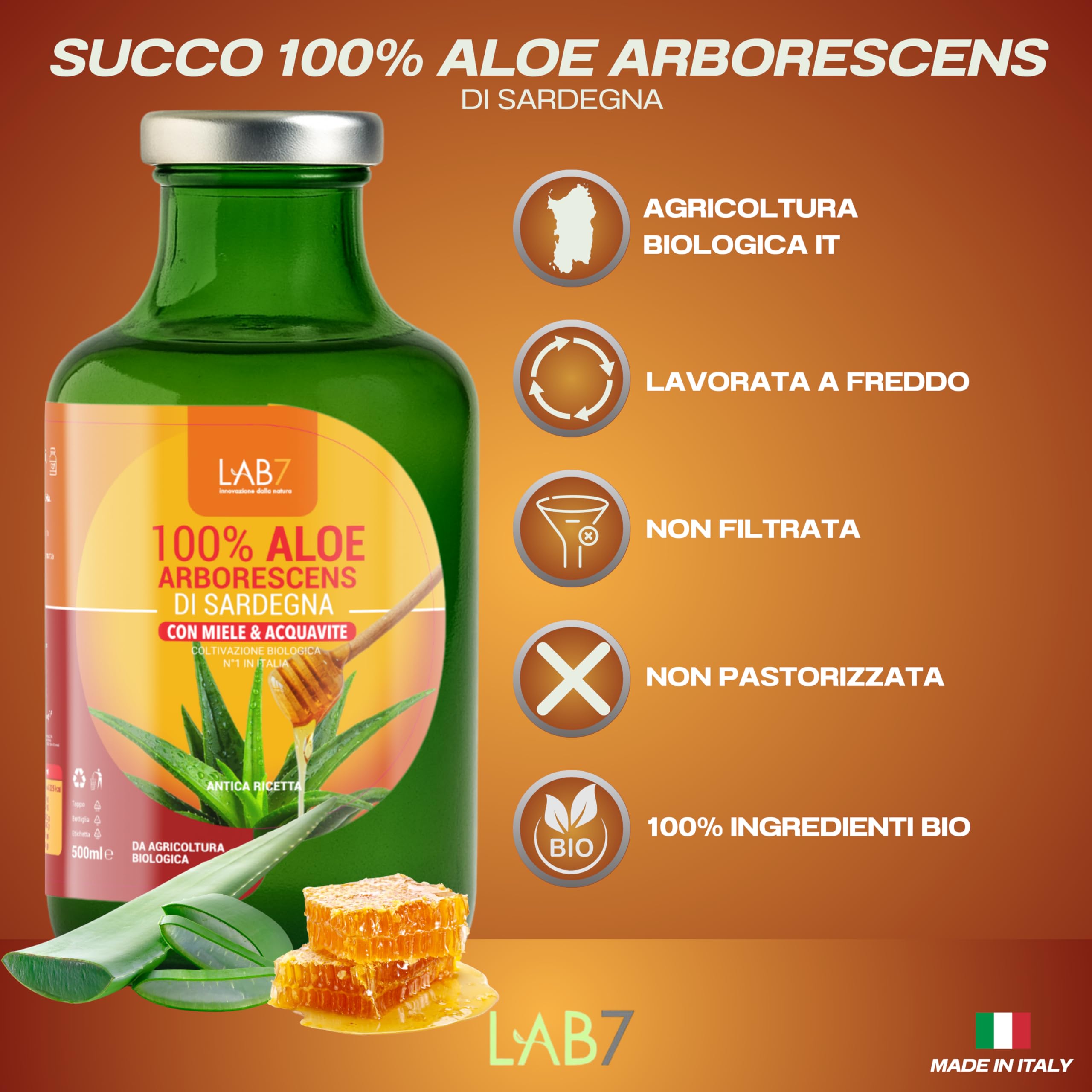 Lab7 Aloe 100% Arborescens di Sardegna Depurativo e Drenante, 500ml