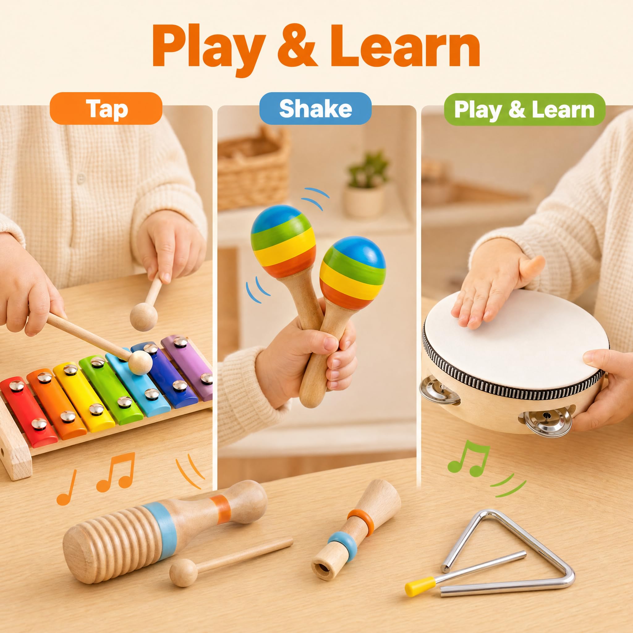 Montessori Musikinstrumente aus Holz für Kleinkinder, pädagogisches Schlagzeug für Babys mit Xylophon und Maracas und mehr, Musikspielzeug für Vorschulkinder