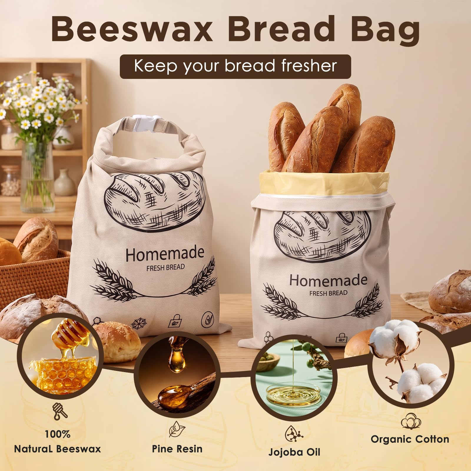 Lot di 2 Sacchetto Pane Cera D'api con Zip, 43×33 cm Sacchetti per Pane in Cera D'api, Congelatore, per Pane a Lievitazione Naturale Fatto in Casa