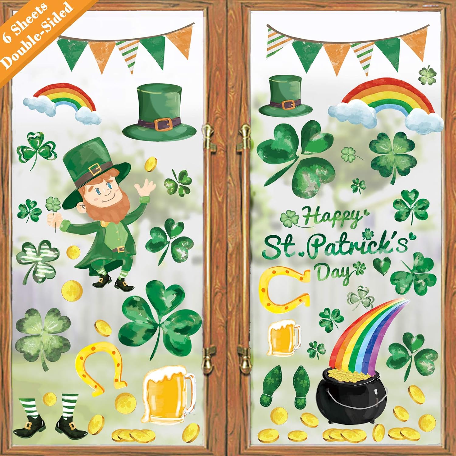 Ivenf St Patricks Day Decorations Window Clings Decor, Large Shamrock Leprechaun Top Hat Gold Coins Window Stickers for Kids School Home Office Saint Patricks Day Party Supplies Gifts, 6 Sheets 105pcs