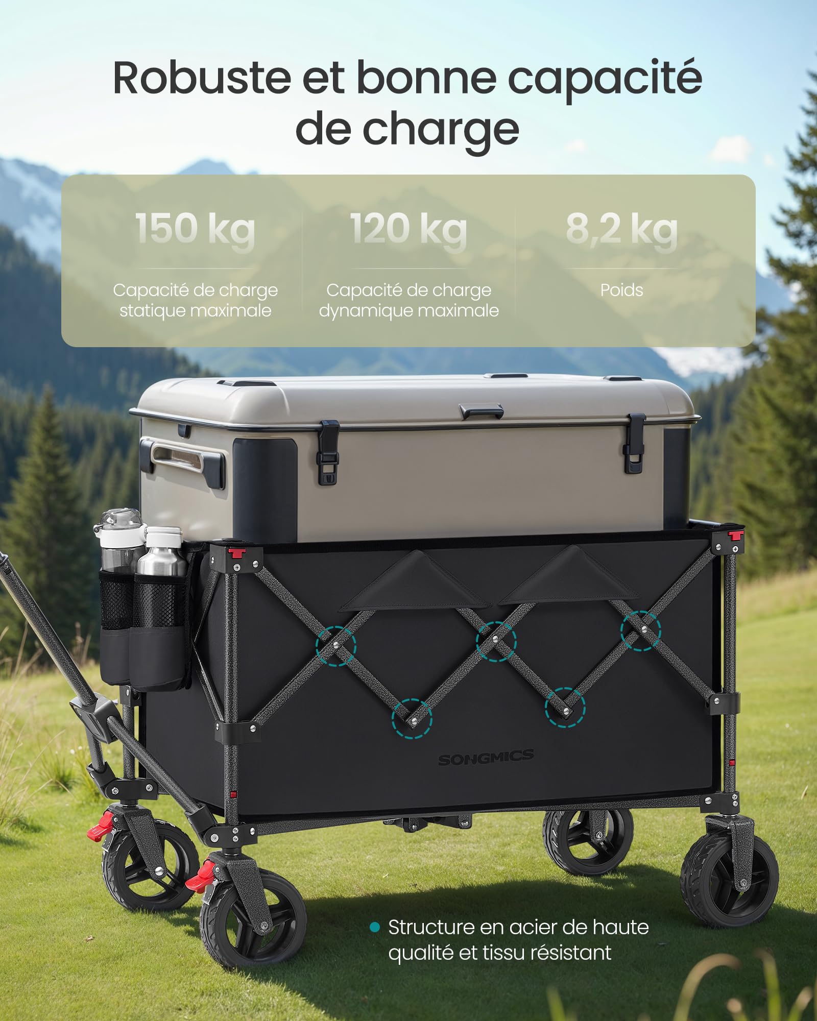 SONGMICS Chariot Pliable, Capacité de 150 L, Supporte Jusqu à 150 kg, avec Poignée, 4 Roues Amovibles, Chariot de Jardin, Économie d Espace, pour Extérieur, Plage, Camping, Noir d'encre GFW115B01