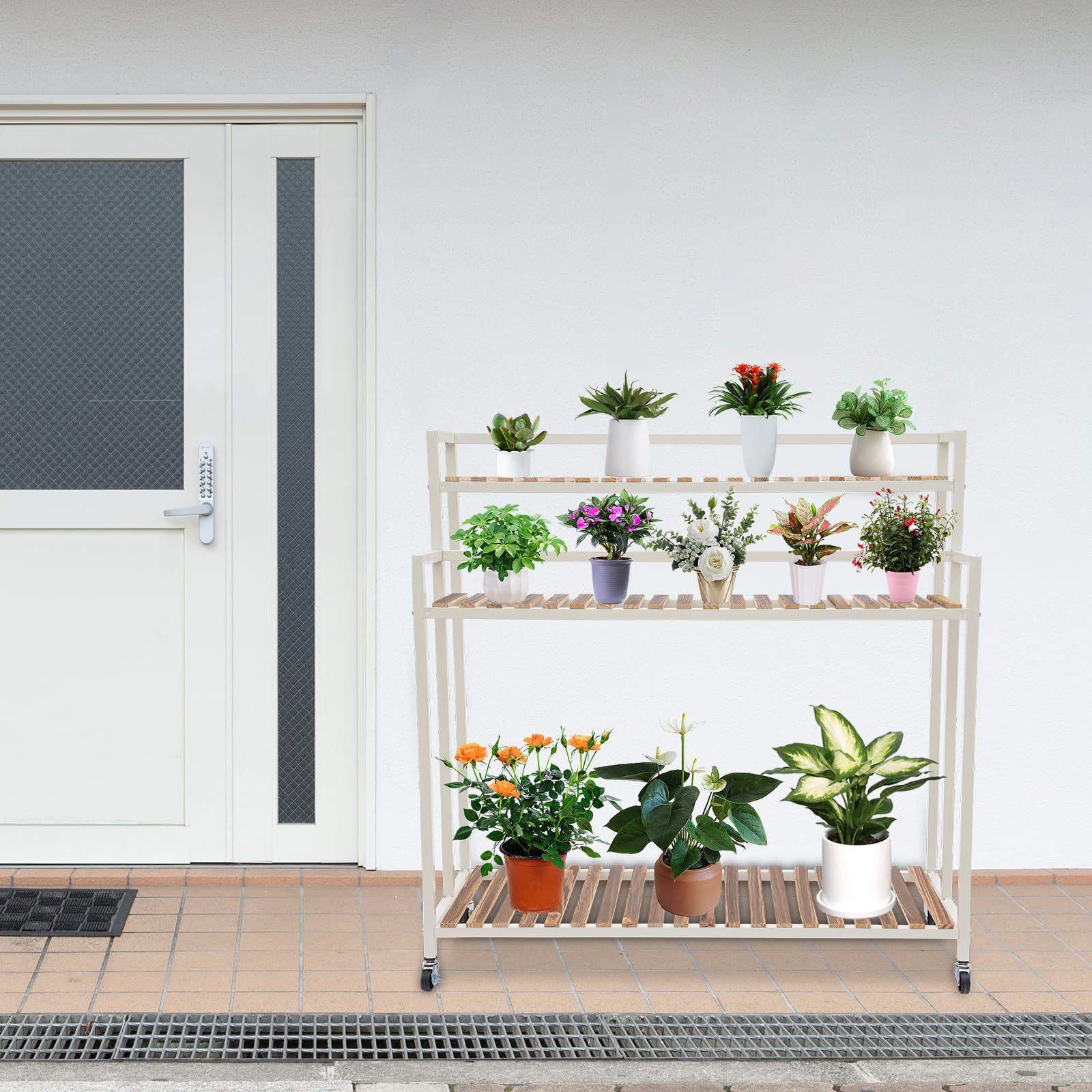 3-stufige Blumentreppe Outdoor | Pflanzentreppe | Blumenbank | Blumentreppen | Blumentreppe Balkon | Blumenregal mit Universalrädern, Rechen, Pflanzschaufel