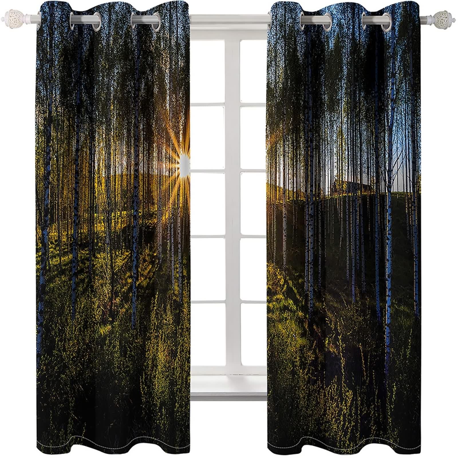Rideau Chambre, Rideau Cuisine Long Multicolore Polyester Paysage de Lever de Soleil en Forêt 214L x 274H CM Lot de 2