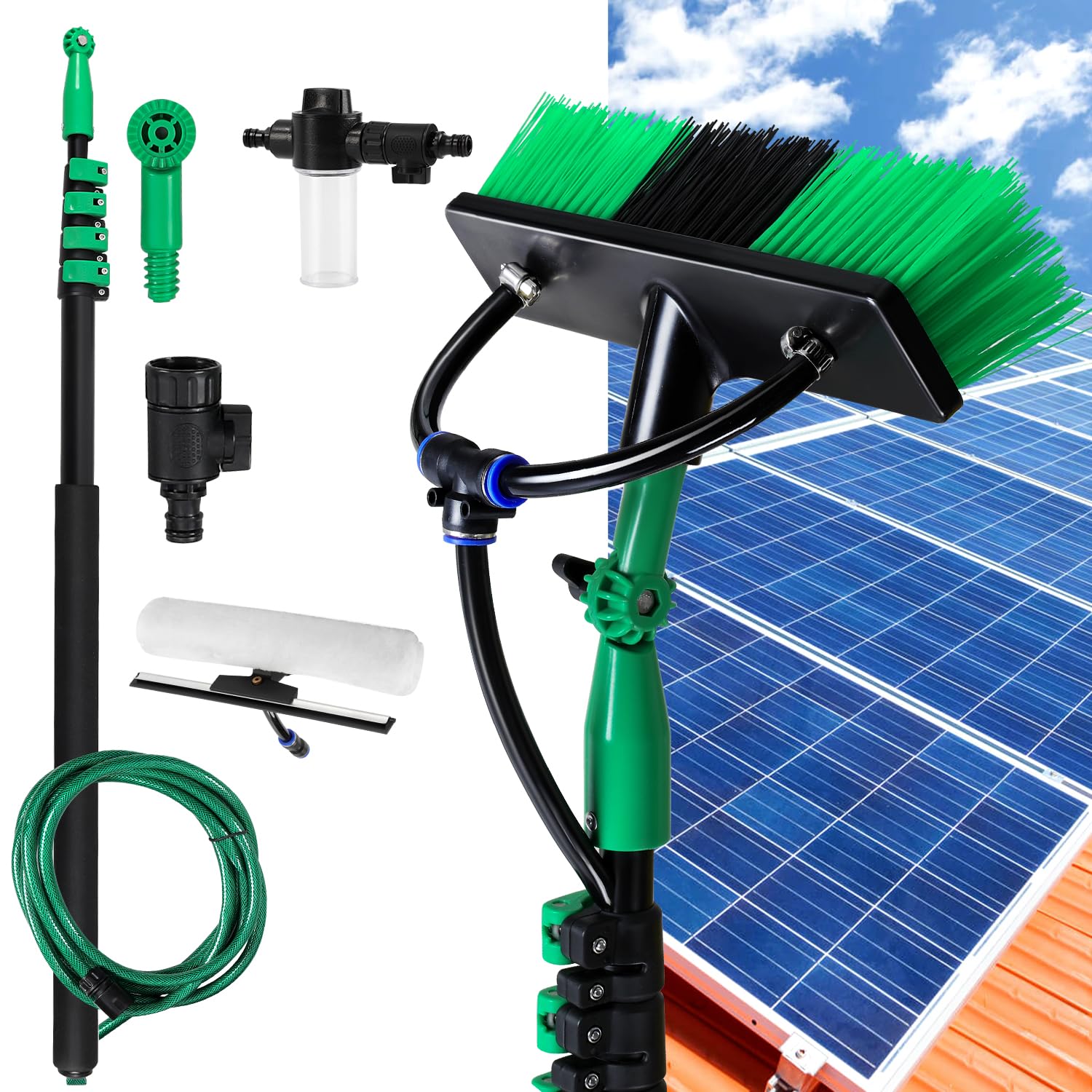 Sonnewelt Cepillo de lavado telescópico de 3,6 m, cepillo de lavado con mango telescópico, limpiador de tejado de terraza, cepillo telescópico con conexión de agua, set de limpieza para PV y limpieza
