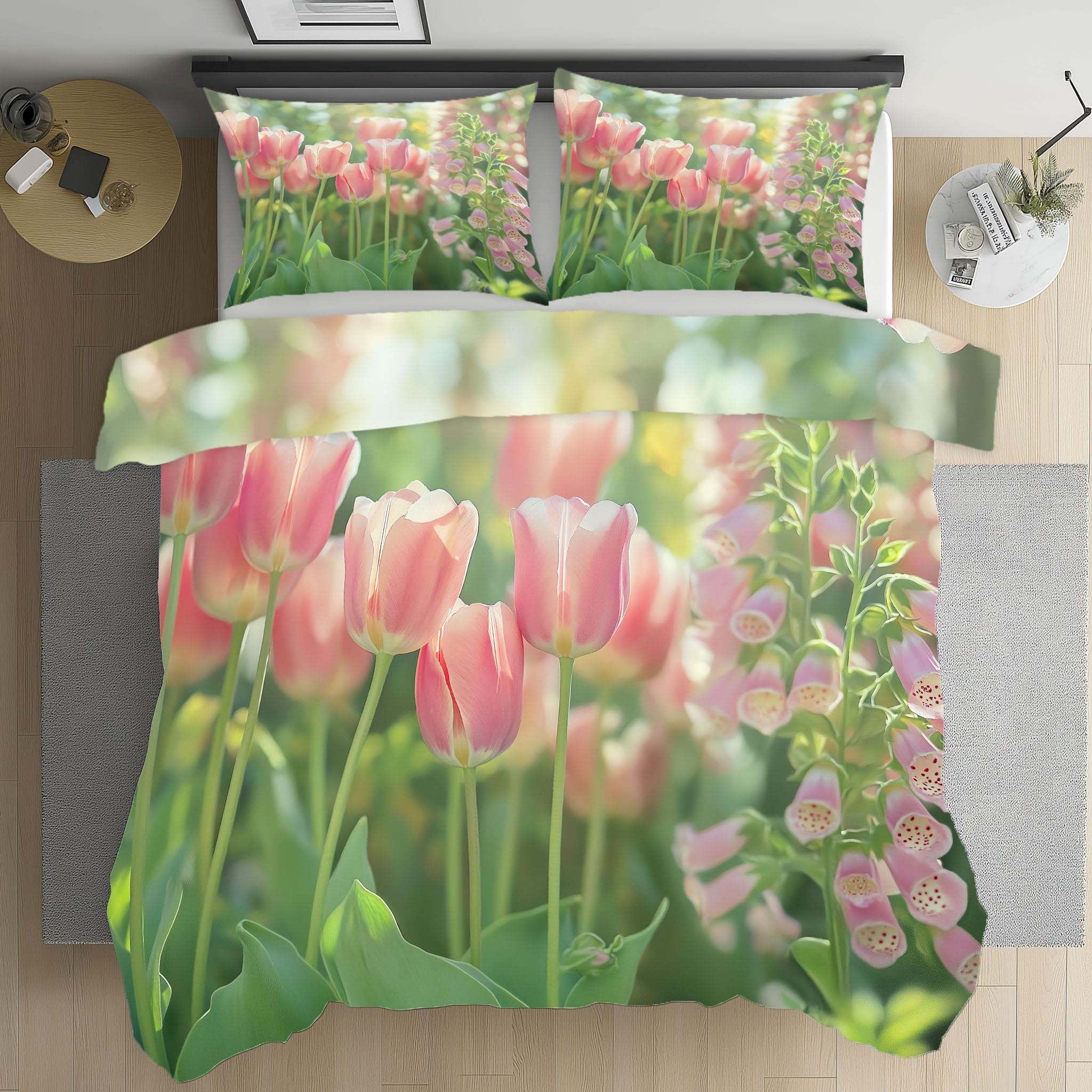 Parure de lit 220x240 adulte avec housse de couette fermeture éclair et drap motif fleur tulipe