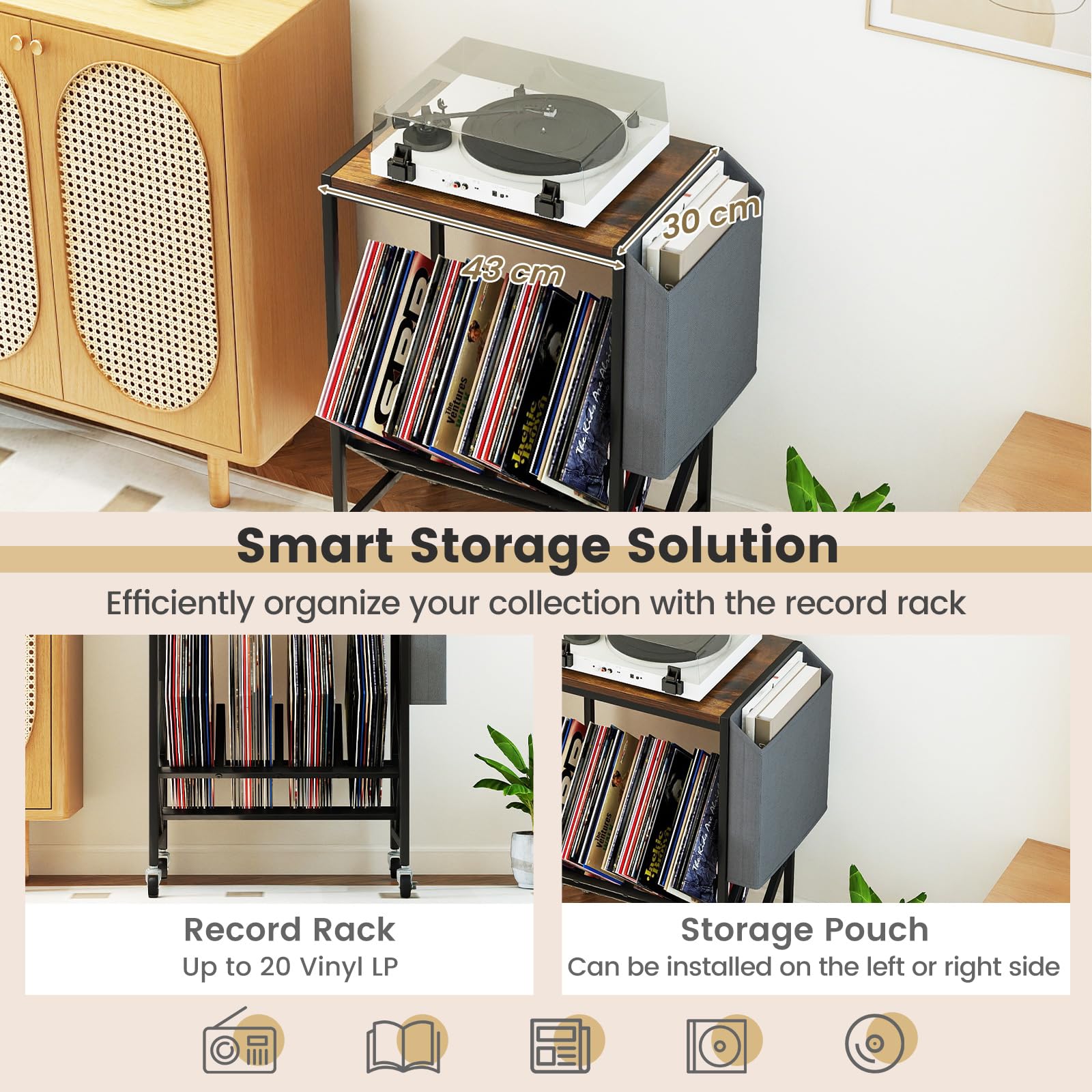 GIANTEX Mobile Porta Vinili con Ruote e Tasca Laterale, Mobile Porta Vinili per 200 Album CD, Struttura in Metallo, Supporto per Giradischi per Soggiorno, Sala Musica (Marrone)