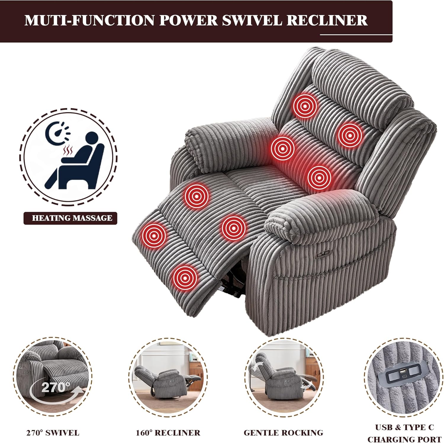 Power Swivel Rocker Recliner with Massage and Heat for Adults, Plush Corduroy 270° Swivel Glider Rocking Chair with USB and Type-C Ports for Nursery, Living Room, Bedroom, Apartment