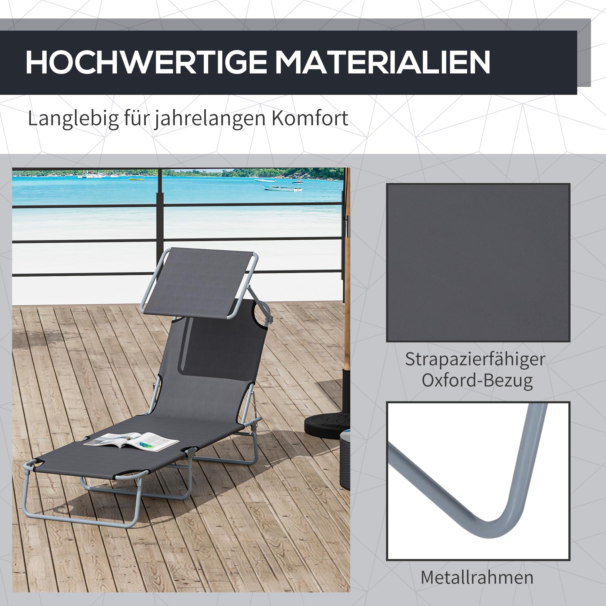 Outsunny Sonnenliege klappbar Gartenliege mit Dach, Liegestuhl mit 4-Fach verstellbare Rückenlehne, wetterfeste Campingliege bis 120 kg belastbar, für Garten Strand Pool, Grau