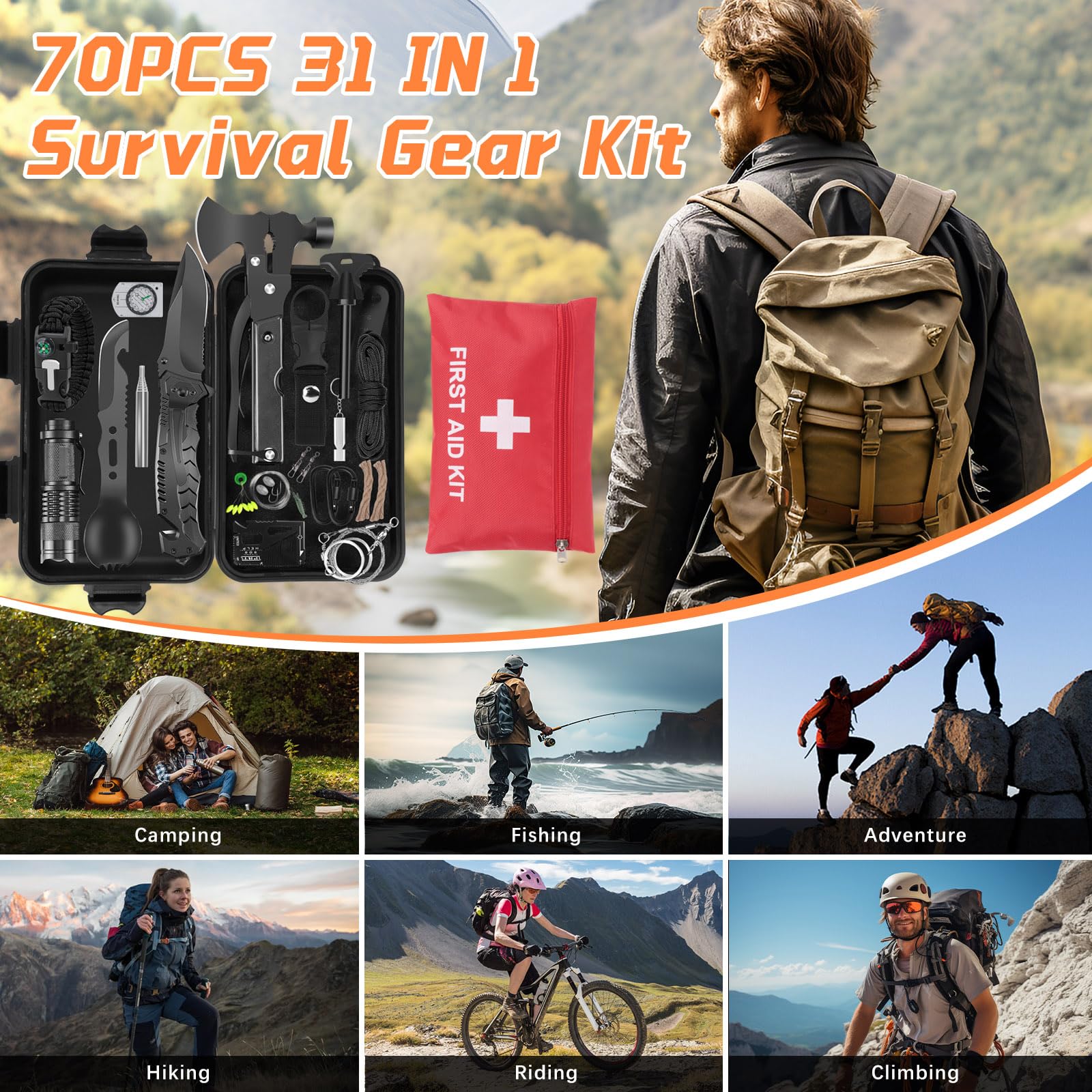 Kit de Supervivencia, 70 en 1 Kit de Supervivencia de Emergencia al Aire Libre, Multifuncional Equipo de Botiquín Primeros Auxilios, Kit de Emergencia para Viajar Caminar Acampar al Aire Montaña