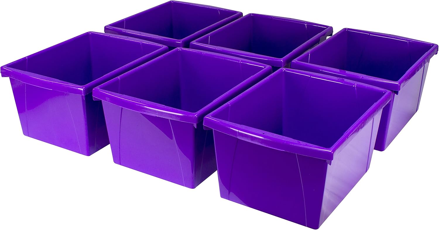 Storex 4 Gallon Storage Bin – Plastic Classroom Organizer for Books and Supplies, Violet, 6-Pack (61481U06C)