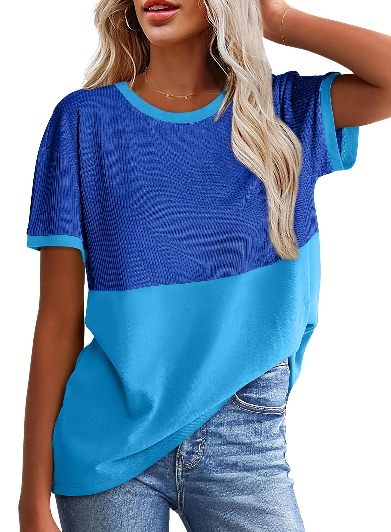 WIHOLL Womens Casual Crew Neck Ribbed Tops Short Sleeve T Shirts Summer Loose Blouses