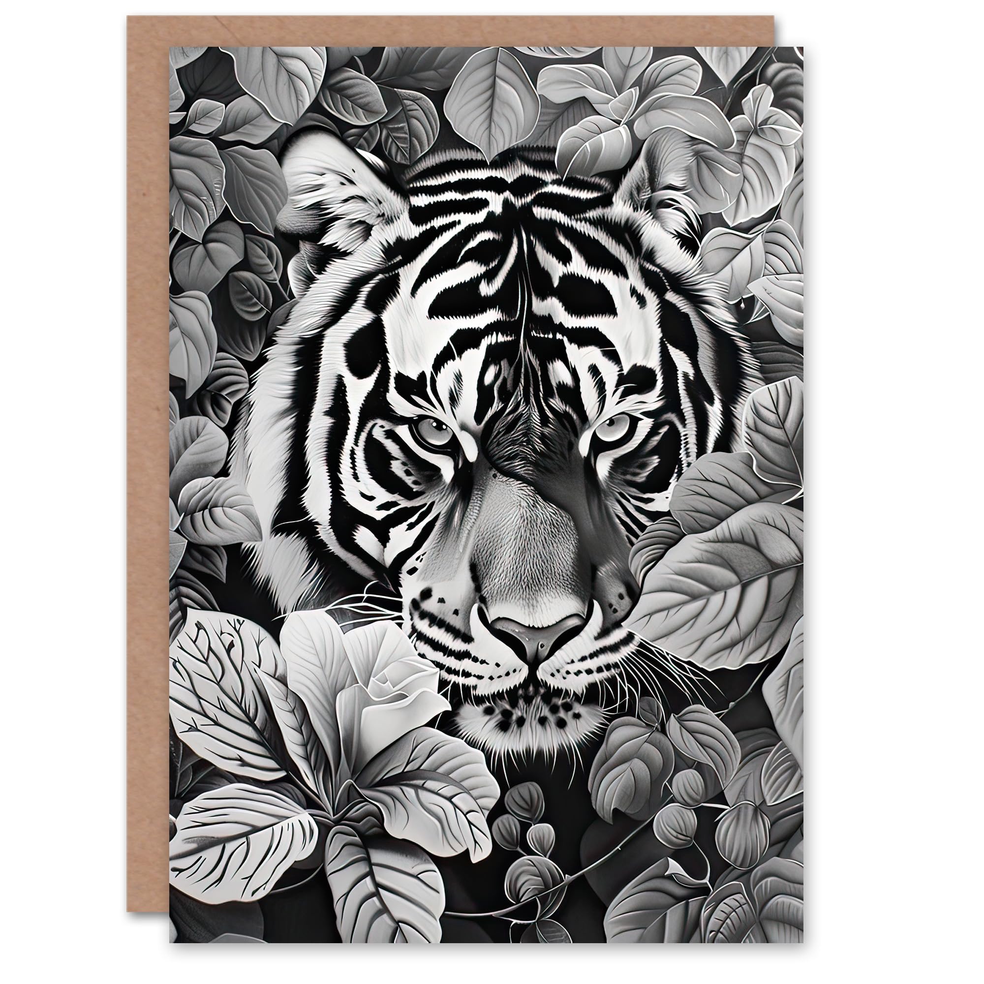 Artery8 Greeting Card Black White Tiger Jungle Botanical Portrait Blank For Him Or Her Art Birthday Card