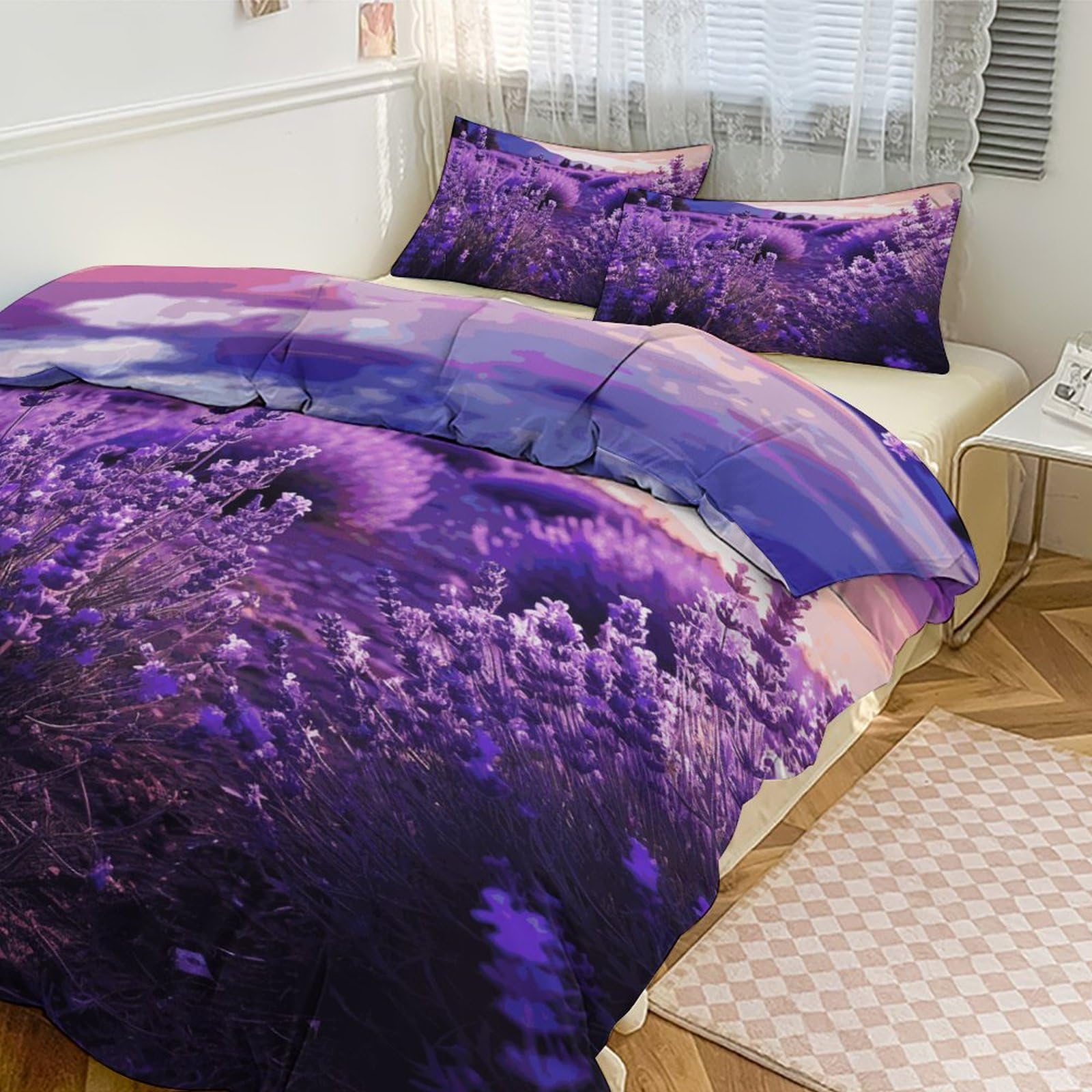Parure de lit 3 pièces violet lavande avec housse de couette grand lit et 2 taies