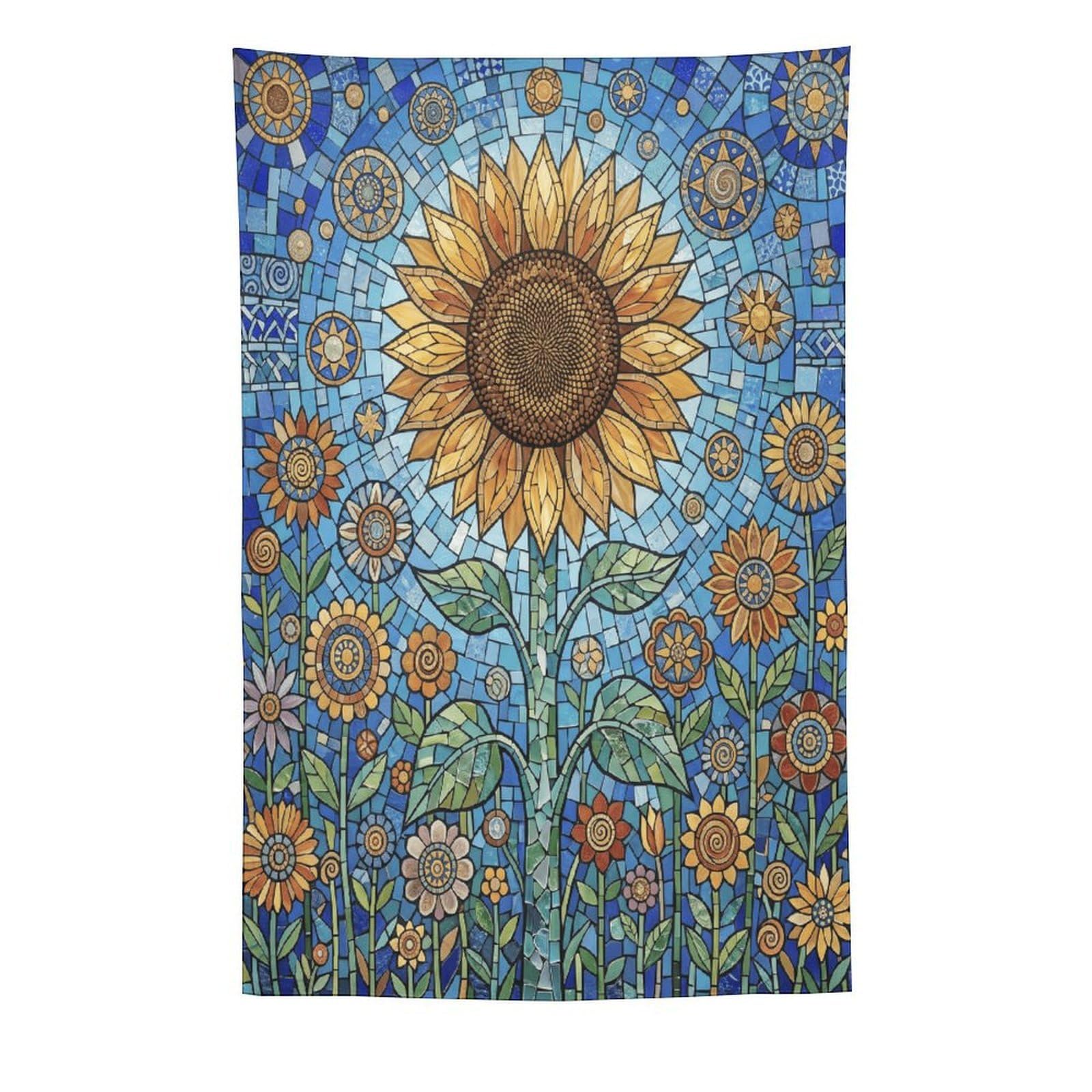 H3B8U2Y5 Blue Mosaic Sunflower Wall Tapestry, Mosaic Style, College Dorm