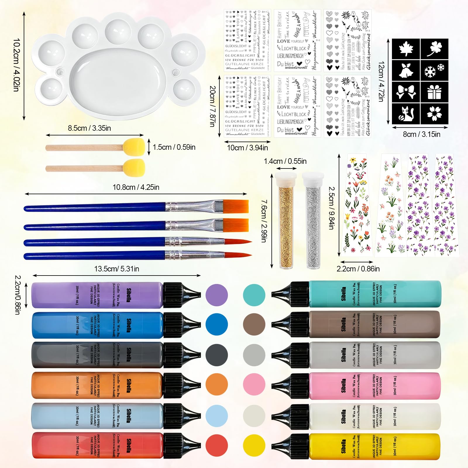 12 Stück Wachsstifte für Kerzen, Kerzenstifte 10 ml, mit vorgestanzten Aufklebern und Schwammwerkzeugen, Kerzen Bemalen Set Stifte für Dekorieren und Gestalten von Stoff, Holz, Keramik