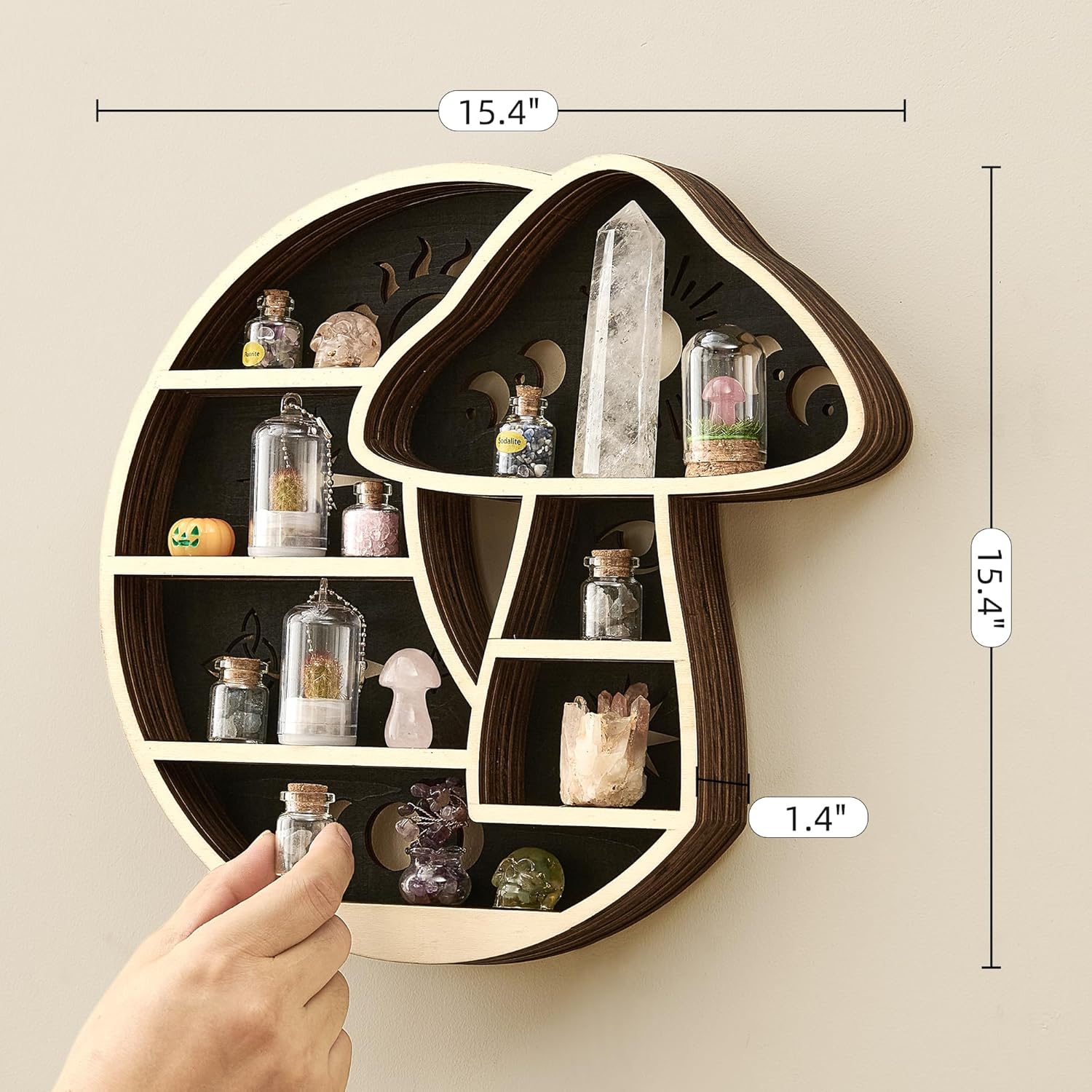 Crescent Moon Shelf with LED Light, Wooden Mushroom Shelf for Crystals Rocks Gems Healing Stones, Trinket Knick Knack Bohomian Witchy Wiccan Shelves Wall Mounted