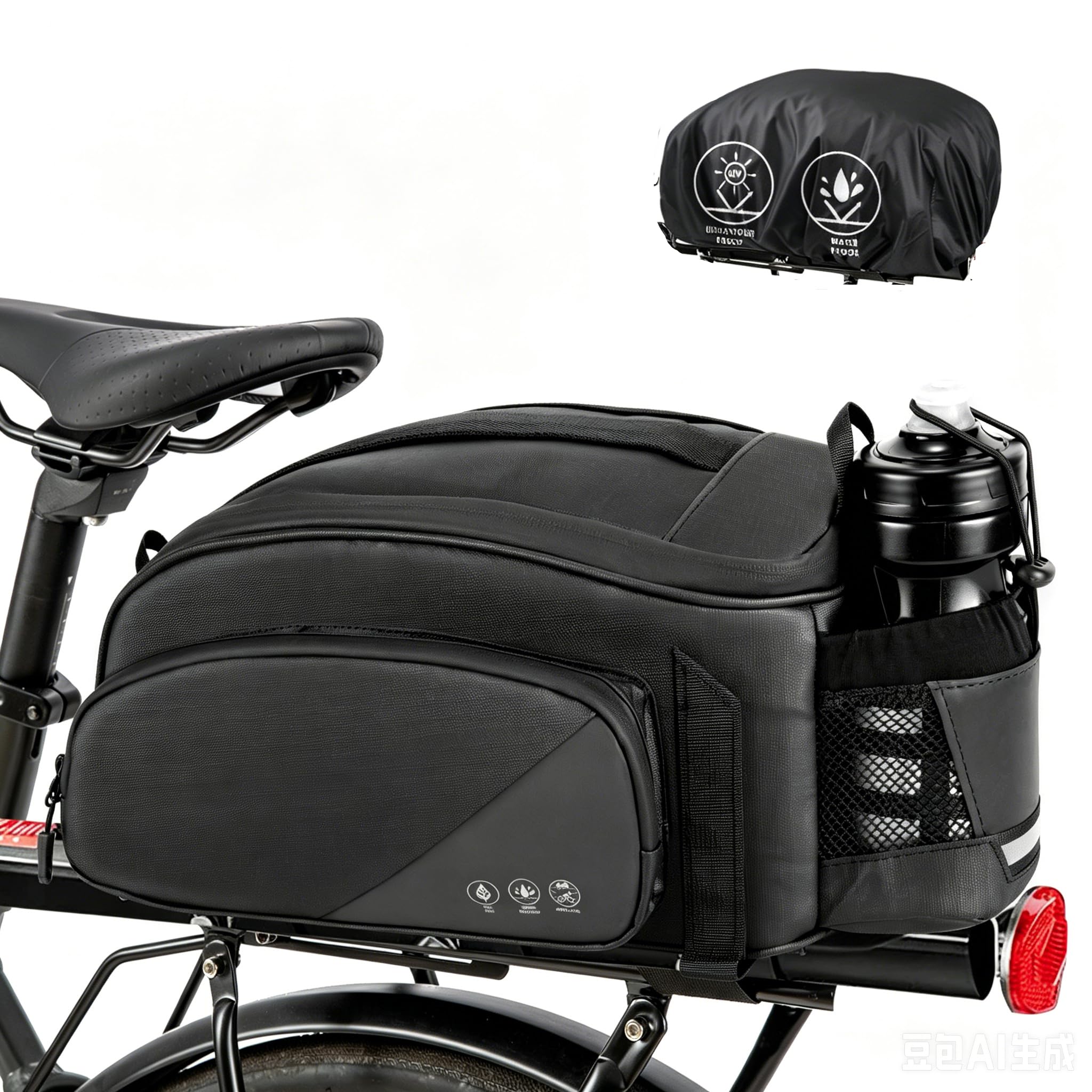 WOTOW Borsa Posteriore per Bicicletta, 12L Impermeabile Riflettente, Borsa per Portapacchi Posteriore, Portaoggetti da Sella con Supporto per Bottiglia d'Acqua, Tracolla, Copertura Antipioggia per MTB