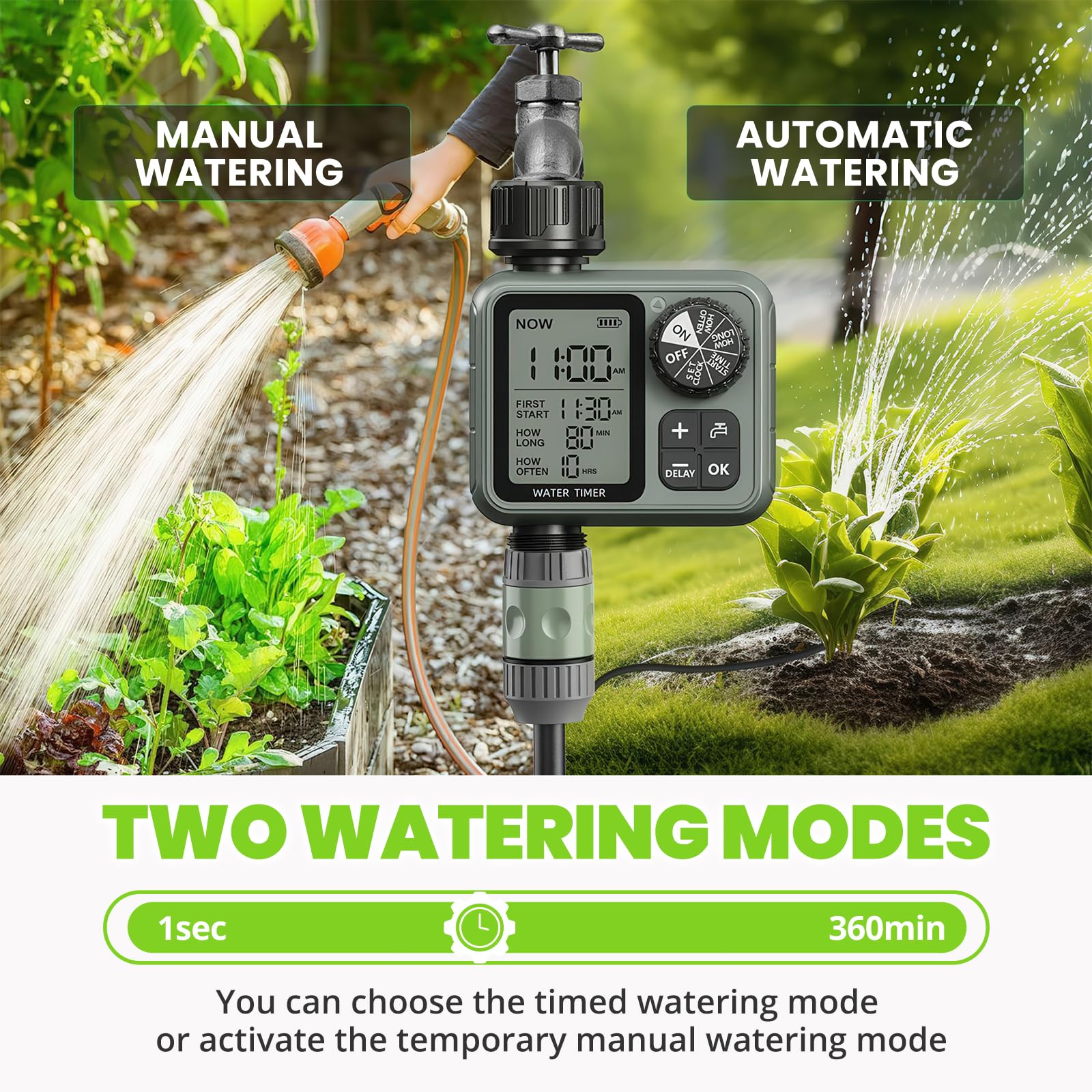 Timer zraszacza do węża ogrodowego, timer wody nawadniającej z opóźnieniem deszczu, automatyczne ręczne podlewanie do trawnika podwórka zewnętrznego systemu nawadniania kropelkowego