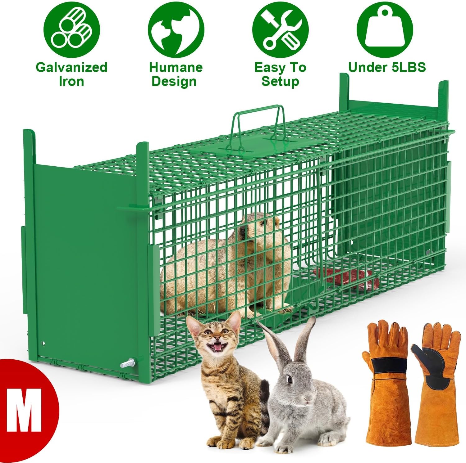 32in 2 Door Humane Live Animal Cage Trap Animals Trap Cage Collapsible Cage with Glove Galvanized Iron Under 12LBS for Rabbits Groundhogs Skunk Opossums Nutria Stray Cats(Green)