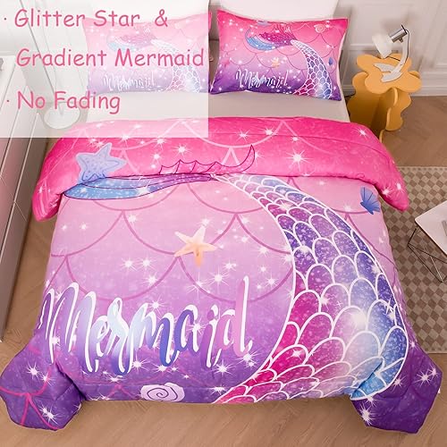 Miniatura 3 de Juego de edredón de sirena de 3 piezas, tamaño matrimonial, juego de edredón degradado, rosa, morado, azul, juego de ropa de cama con patrón de