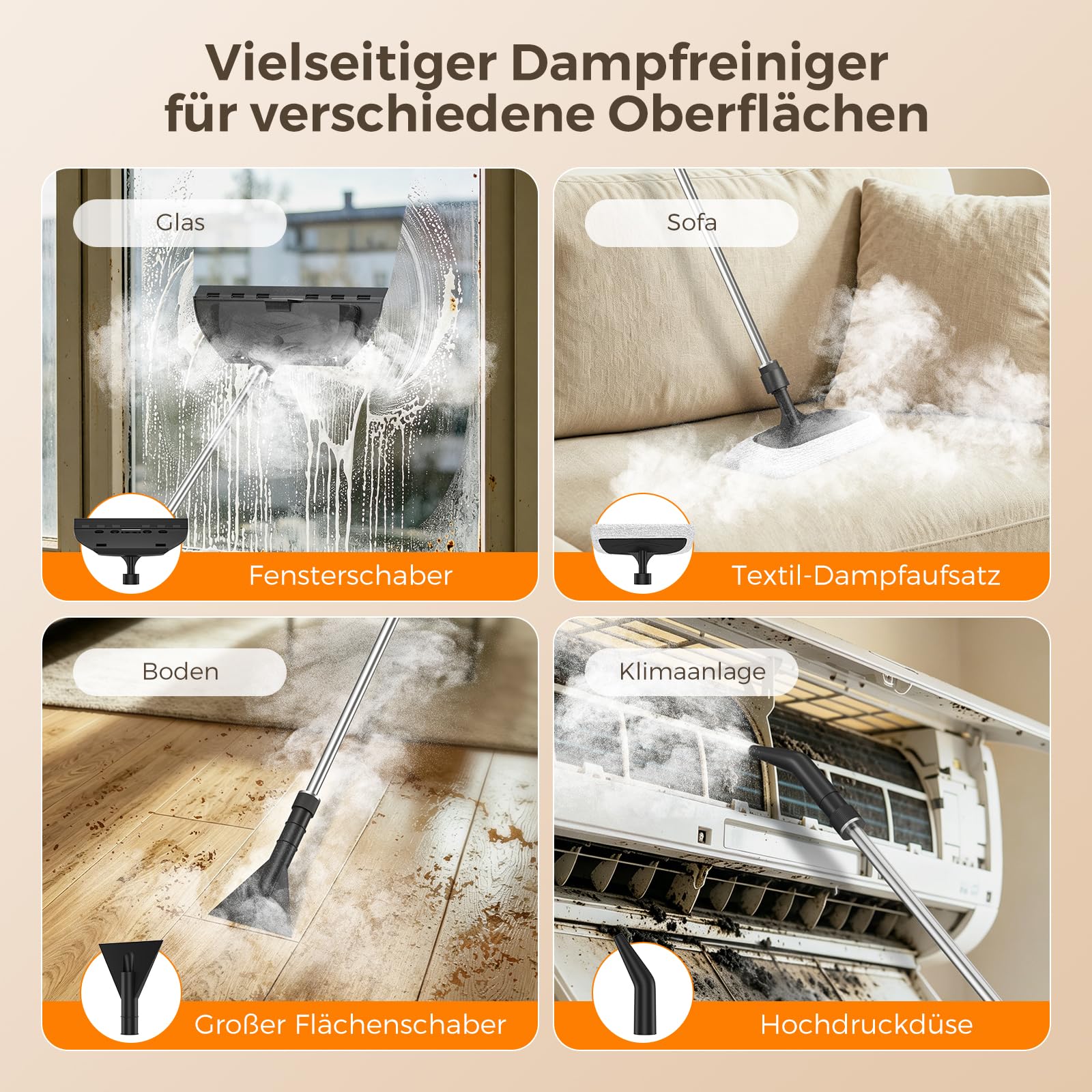 Dampfreiniger Handgerät, 2500W,Chemikalienfreier Handdampfreiniger –Hochdruck-Dampf gegen Schmutz Fett & Bakterien, 3 Bar Steam Cleaner für Haushalt, Küche, Bad, Fenster, Polster & Auto