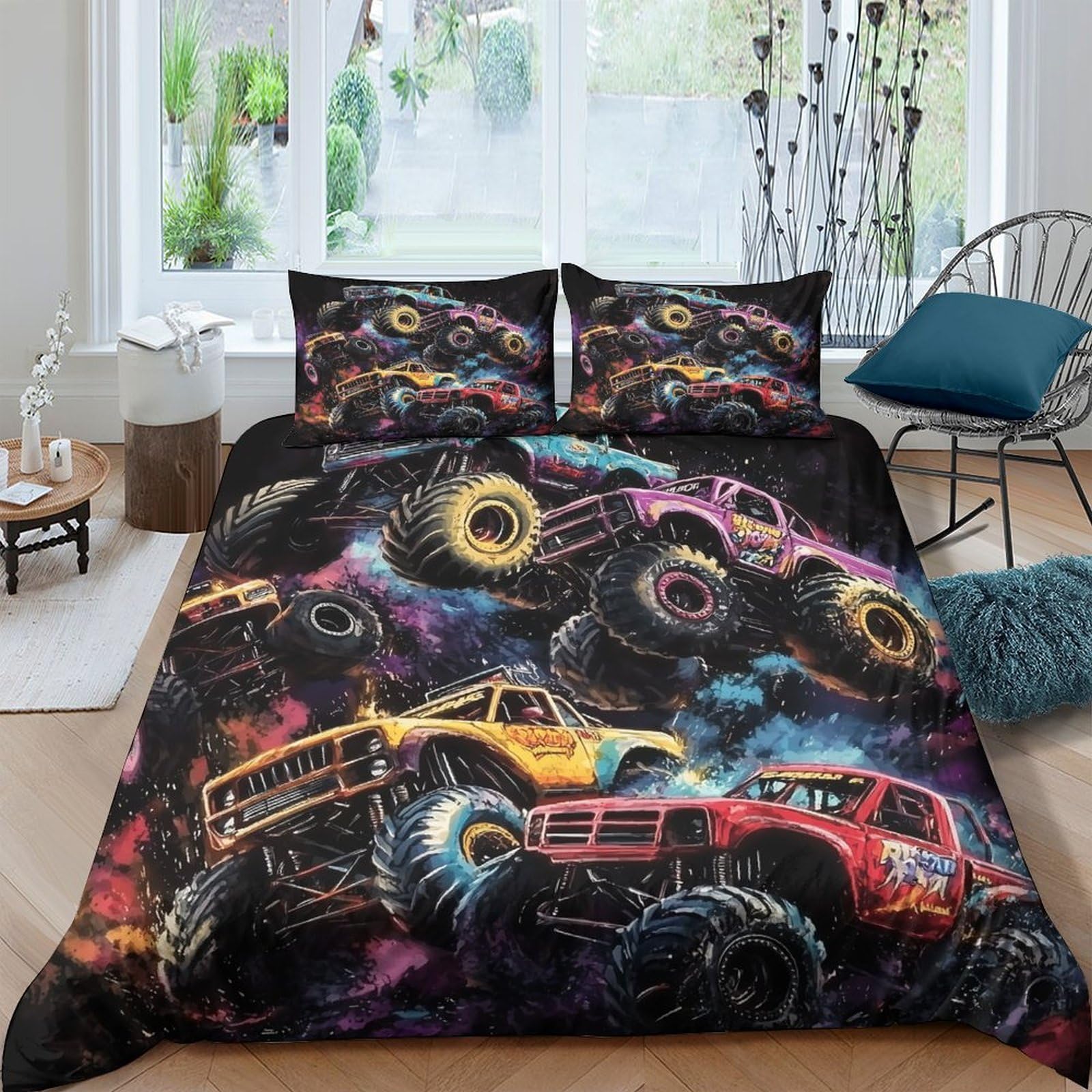 GPLZQXKJNH 3D Printed Monster Truck Duvet Cover Set Microfiber Soft Breathable Racing Bedding Set with 2 Pillowcases for Bedroom Decor Single（135x200cm）