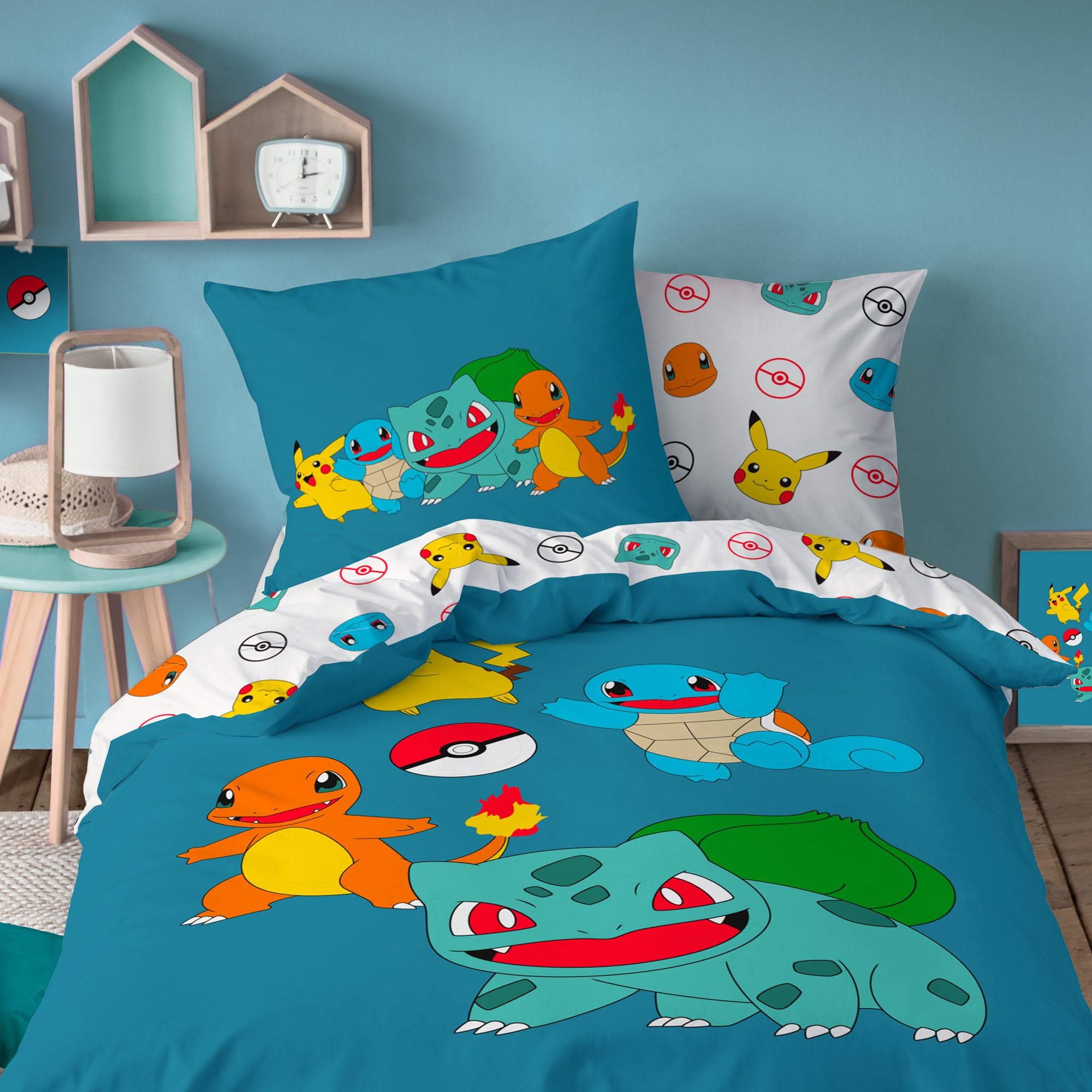 Pokémon Power Parure de lit imprimée 100% Coton - Licence Officielle | Housse de Couette 140x200 cm + 1 taie 63x63 cm | Fermeture boutons | Chambre enfant, lit 1 place | Certification Oeko-Tex