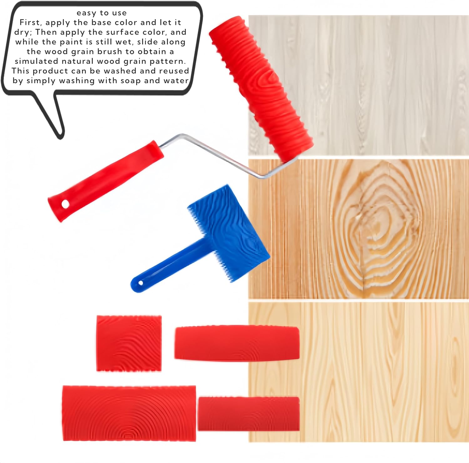 6PCS Wood Grain Tool Set - 7 Inch Rubber Paint Rollers | Realistic Wood Texture, DIY Faux Wood Look on Desk/Door/Floors, Durable & Washable Graining Tools