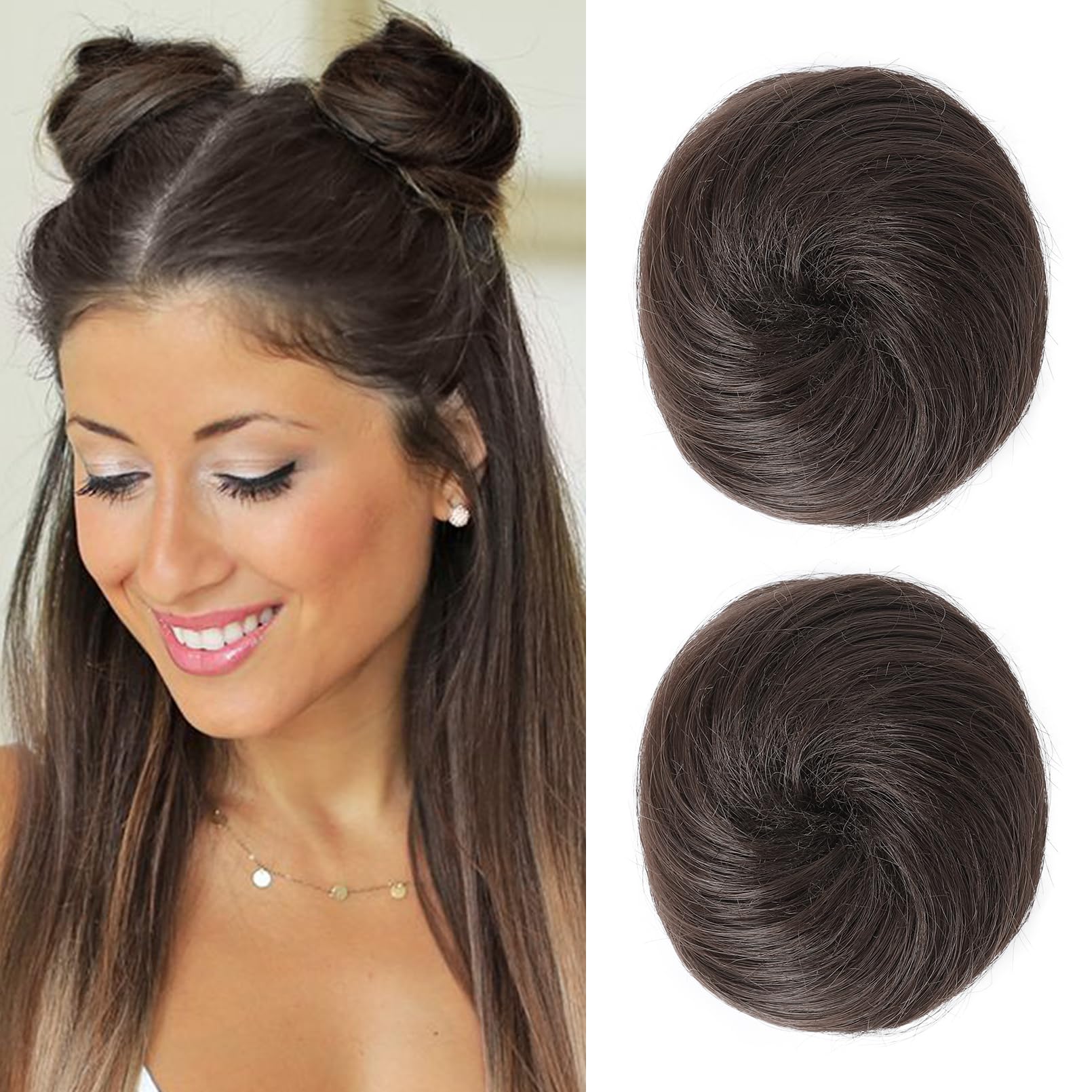 REECHO 2 PCS Mini Claw Clip in Messy & Cat Ears Hair Bun Extensions Wig Accessory Updo Hairpieces for Women Girls (Pack of 2-3" Straight