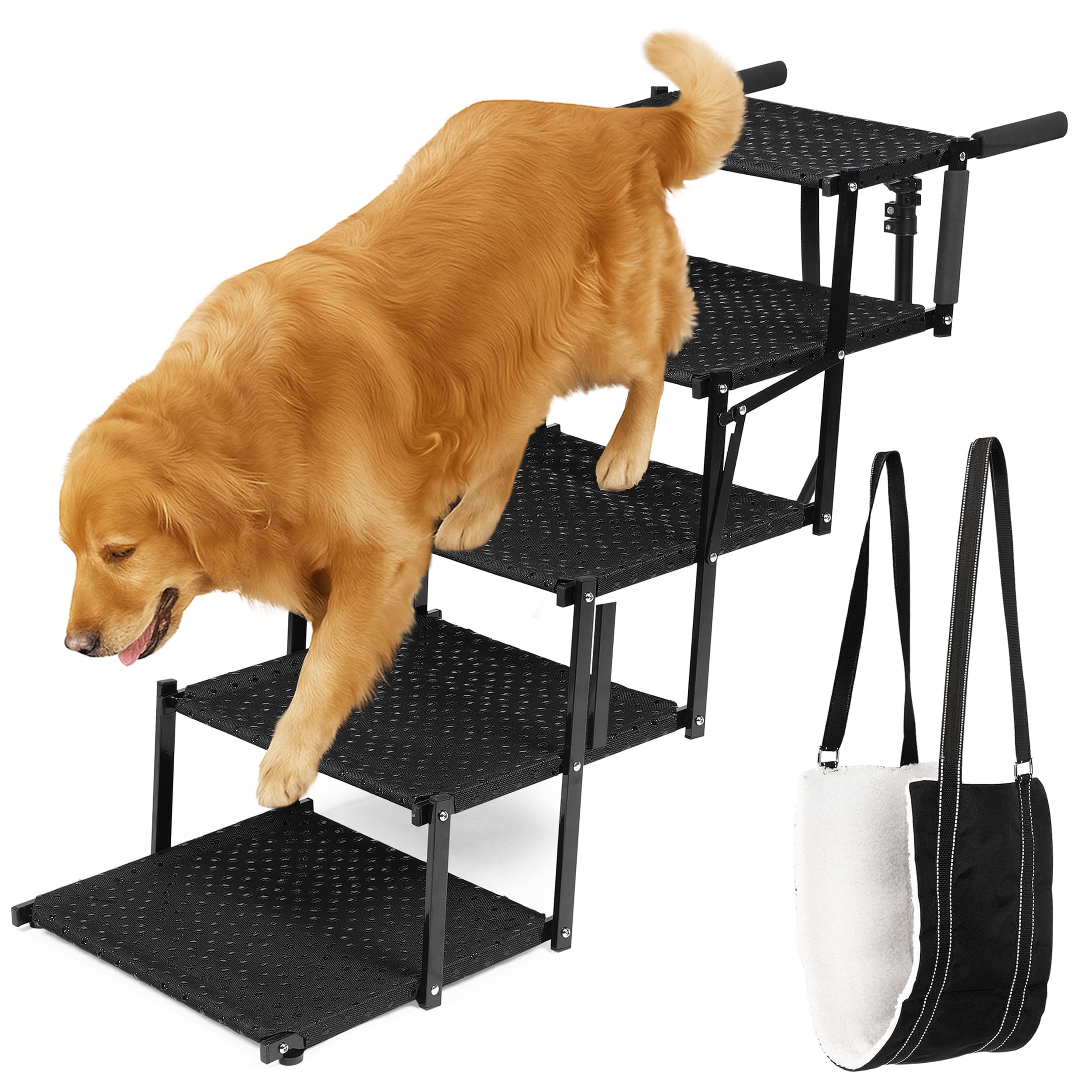 VERALUX Dog Stairs for Large Dogs to Get in Car - 5 Step Foldable Pet Ladder Holds 200lbs - Includes XL Lift Harness - Non-Slip, Joint-Friendly Steps for SUVs, Trucks, Vehicle Entry