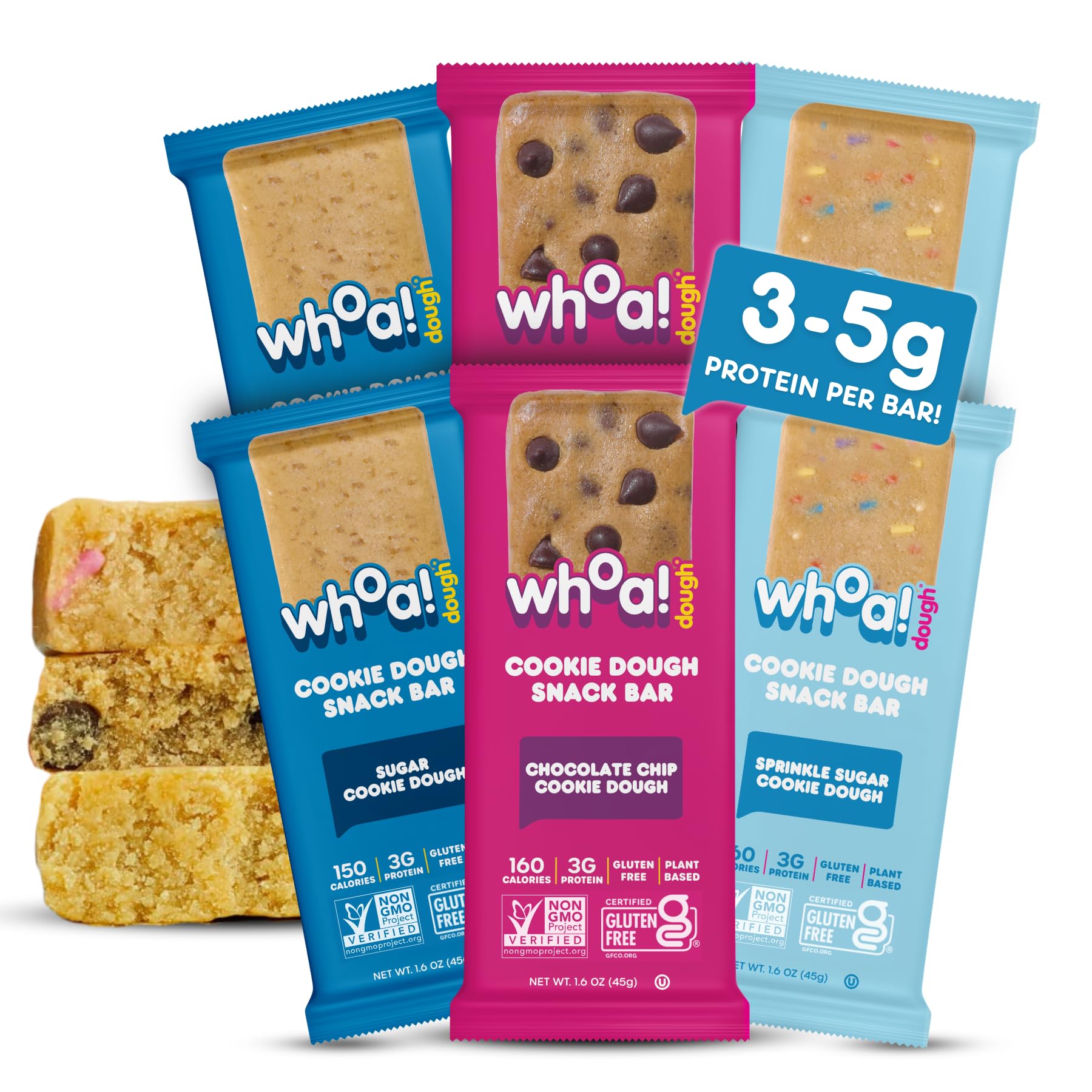 Whoa Dough Allergen Friendly Edible Cookie Dough Bars- Certified Non-GMO, Kosher and Gluten Free Bar - Healthy Snack Foods - Plant Based Snacks - Real Ingredients - Variety Pack (6 Bars)