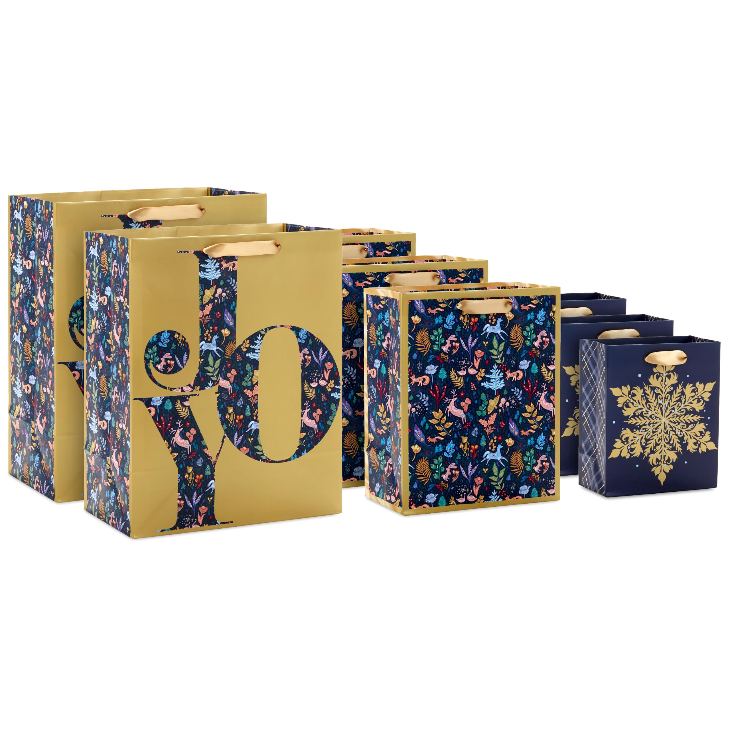 Hallmark Verschiedene Feiertags-Geschenktüten (8 Tüten: 3 kleine 15,2 cm, 3 mittelgroße 22,9 cm, 2 große 33 cm), Winterwaldfreude, Marineblau, Gold