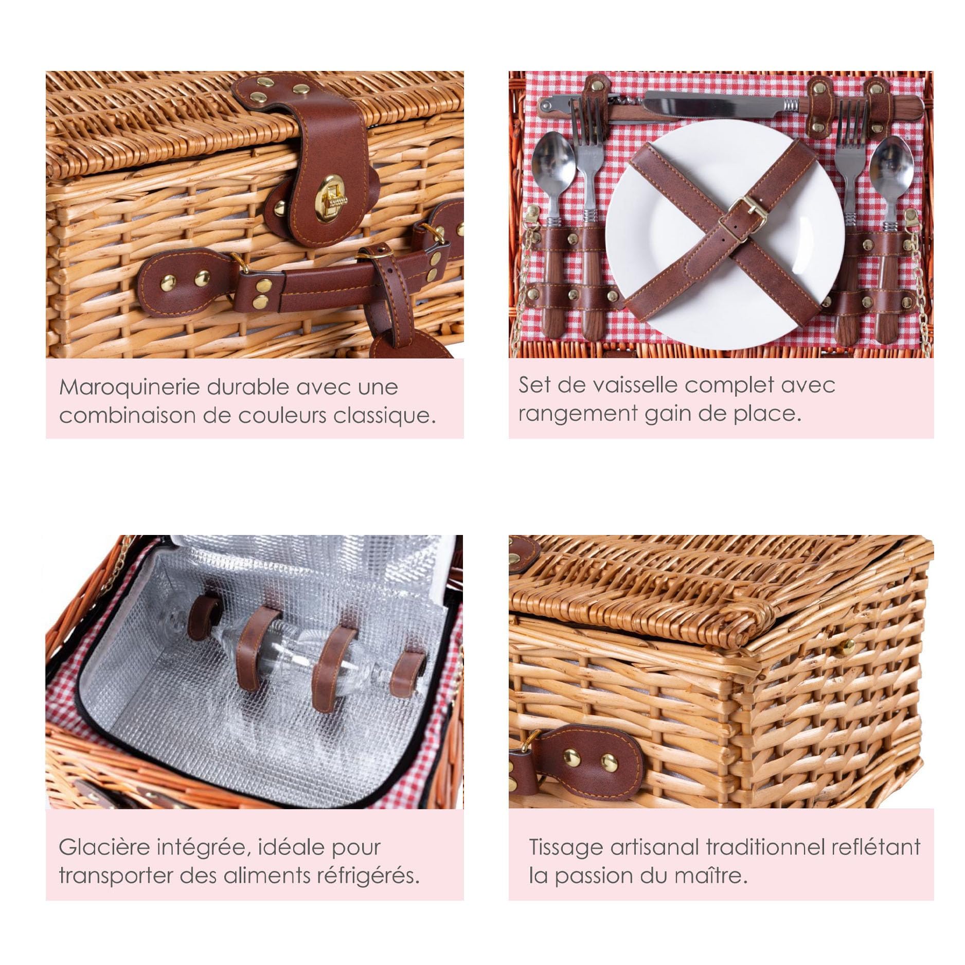 Panier de Pique-Nique en Osier Naturel Rouge – 2 Personnes – Service Complet avec Vaisselle en Céramique & Verres à Vin – Grand Compartiment Isotherme