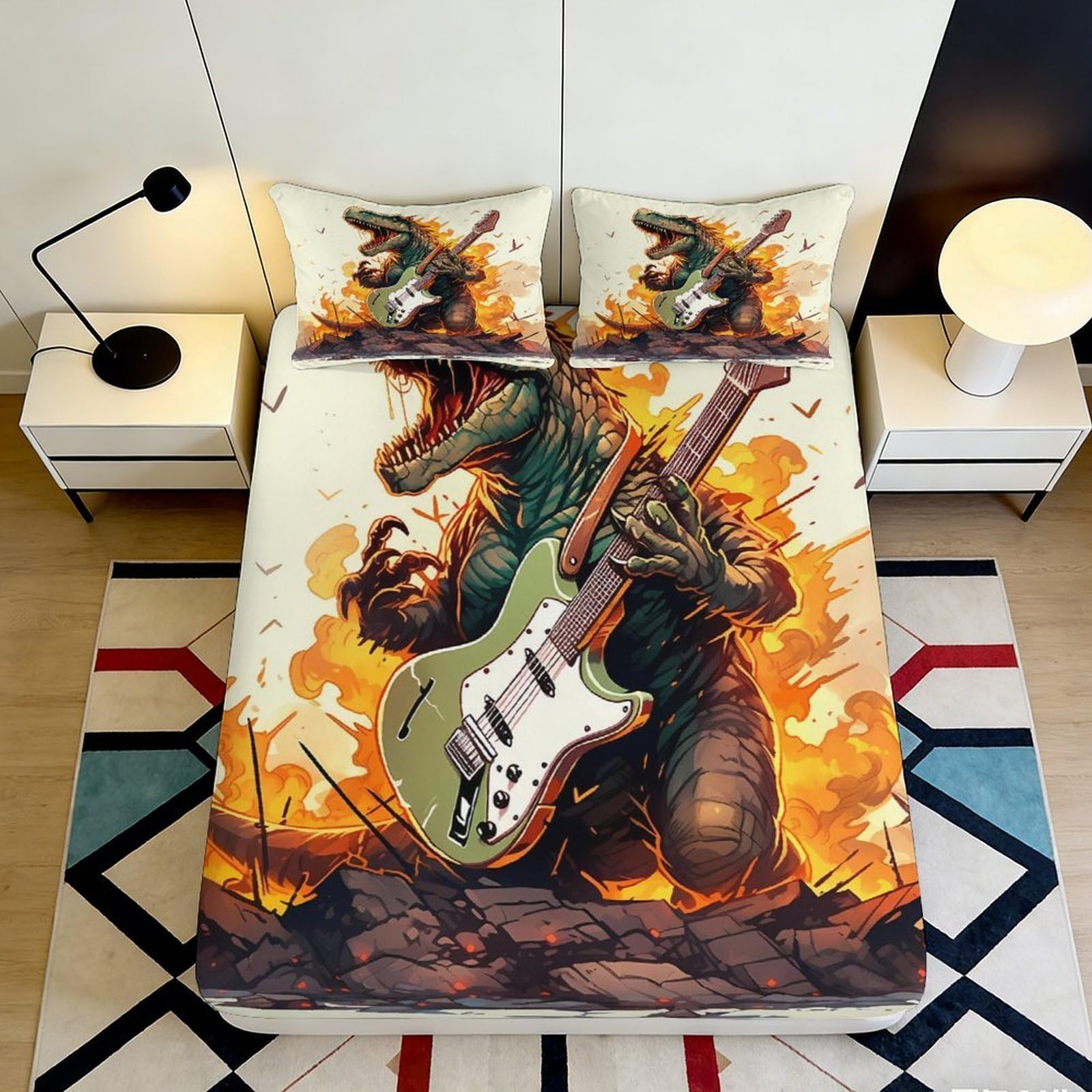 3D Printed Dinosaur with Electric Guitar Fitted Sheet Microfiber Fire Rock Mattress Cover Bedroom Decor 90x200x25cm