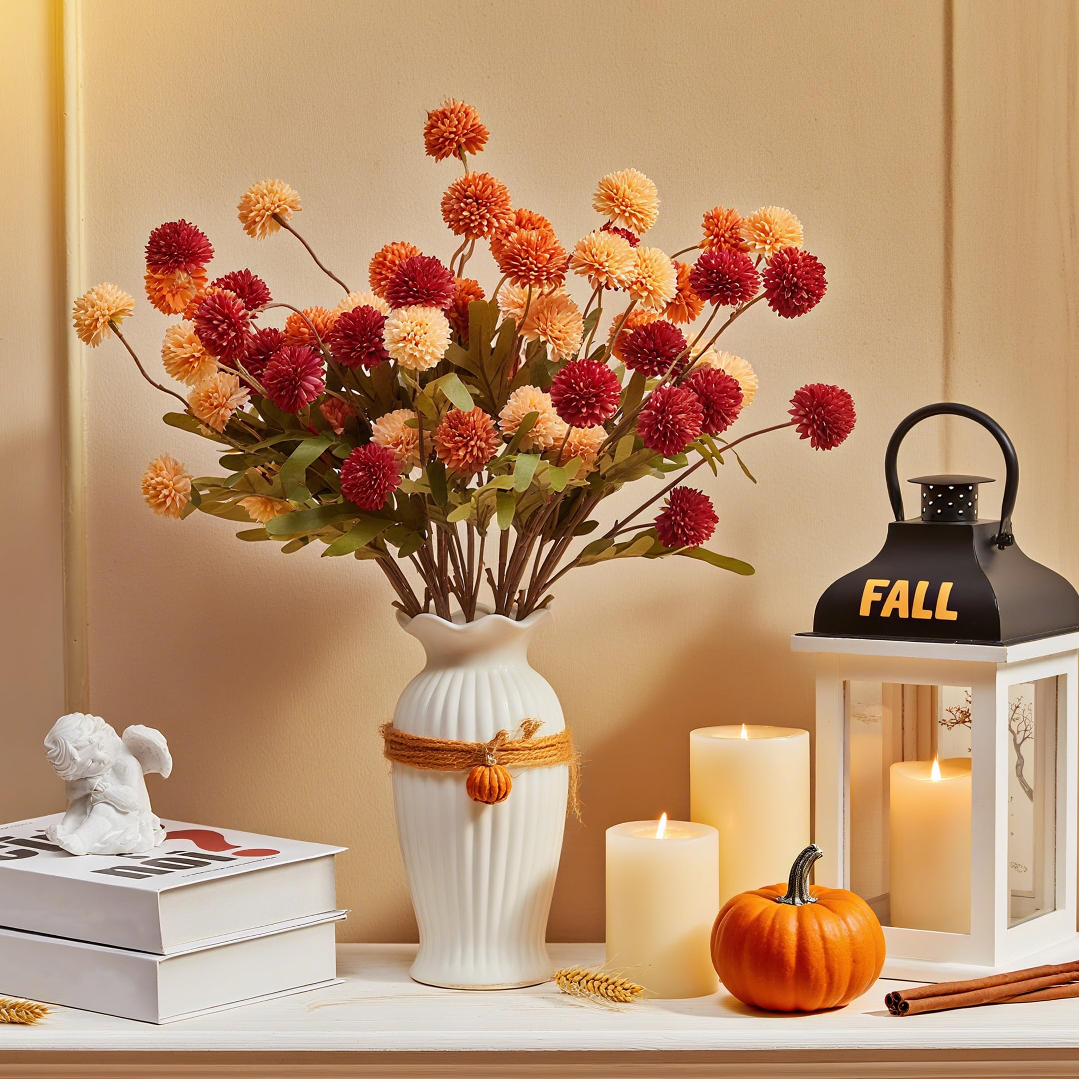 Künstliche Herbstblumenstiele, orangefarbene Blume, künstliche Herbststiele, künstliche Mütter, Herbstzweige, Mini-Blumenkugeln, Kunststiele für Vasen, Tischdekoration (sortiert)