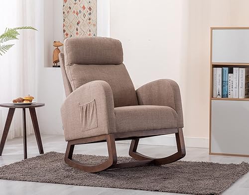 KINFFICT Cómoda mecedora, tapizada para guardería o relajación, sillón de sala de estar con respaldo alto y reposacabezas, moderno balancín con