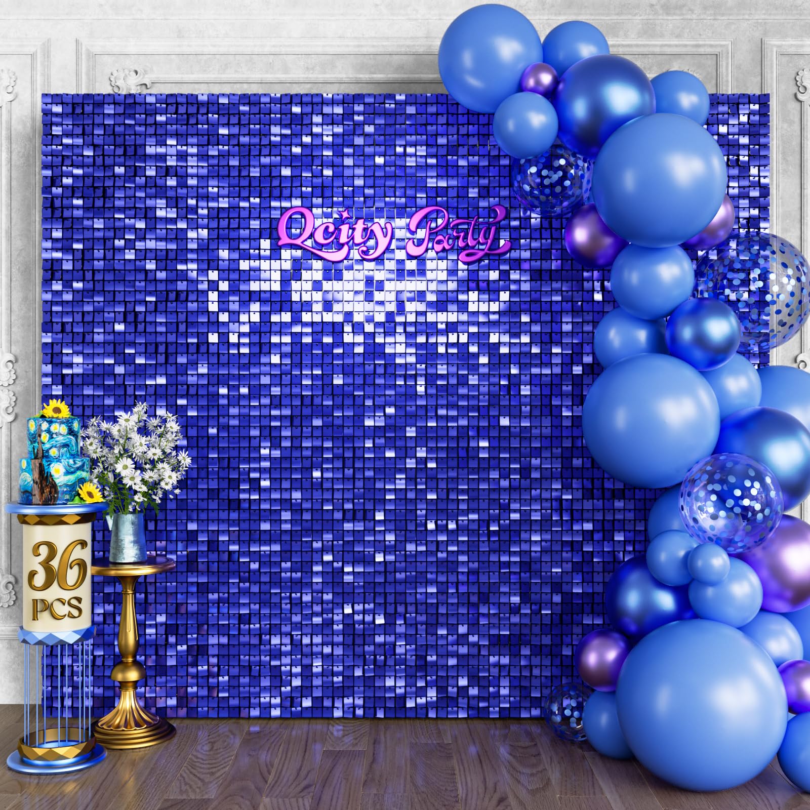 Qcity Blue Shimmer Wall Backdrop 36PCS, Black Back Not See-Through Design, Square Sequin Glitter Backdrop Panel, Perfect for Outdoor Events, Birthdays