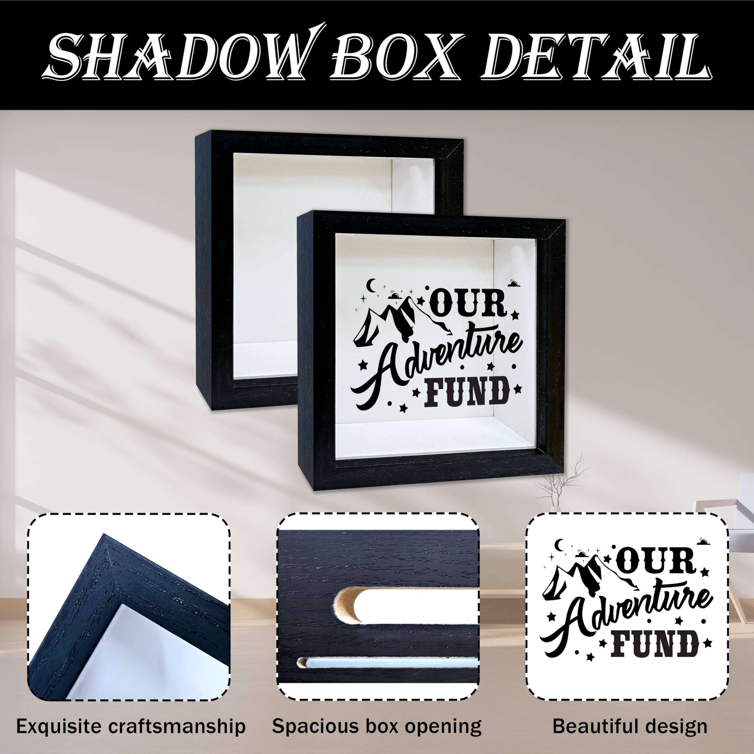 Adventure Fund Black Shadow Box Rahmen, Flitterwochen Fund Box mit Schlitz, Berg Themed Reise Memory Box, Abenteuer Archivbox Geschenke, Dekorative Holz Geld Sparen, Hochzeitsgeschenke für Brautpaare