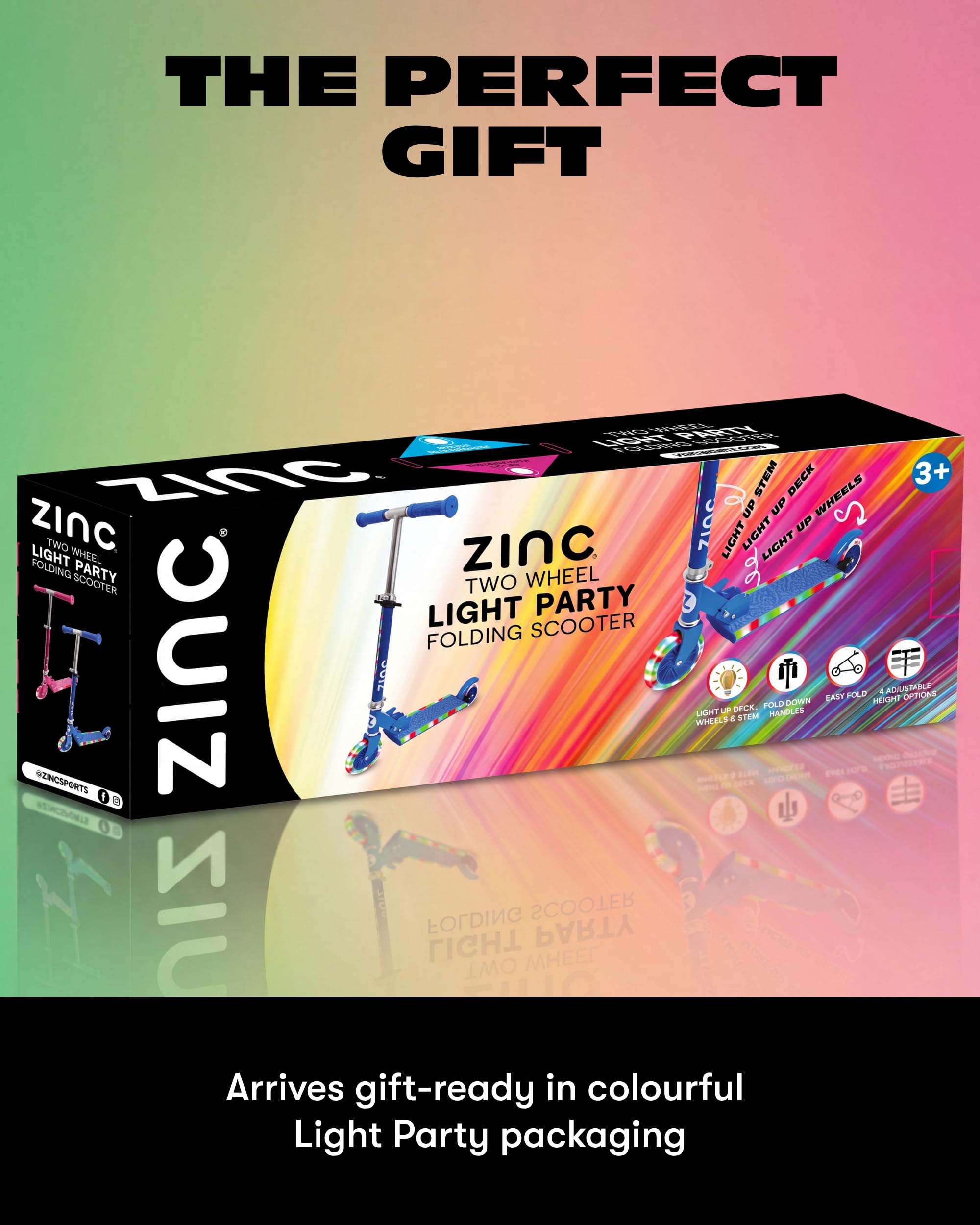 Zinc Light Party 2 hulajnoga dziecięca dla chłopców i dziewcząt w wieku 6+, z podświetlanymi kółkami i trzpieniem, składana konstrukcja, regulowana kierownica, kółka z poliuretanu 120 mm, łożyska ABEC